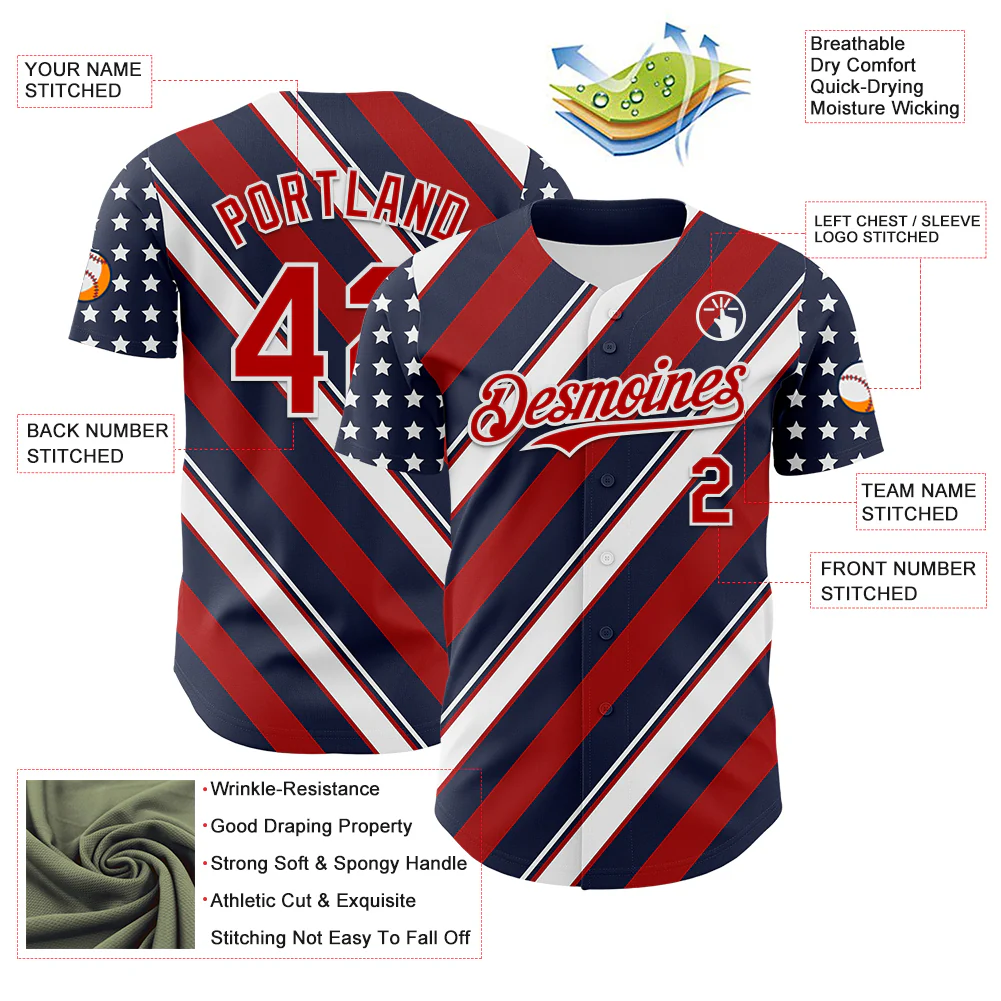 Custom Navy Red-White 3D Patriotic American Flag Authentic Baseball Jersey - Image 3