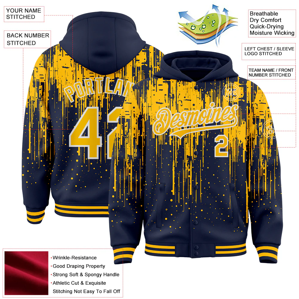 Custom Navy Gold-White Dripping Splatter Bomber Full-Snap Varsity Letterman Hoodie Jacket - Image 4
