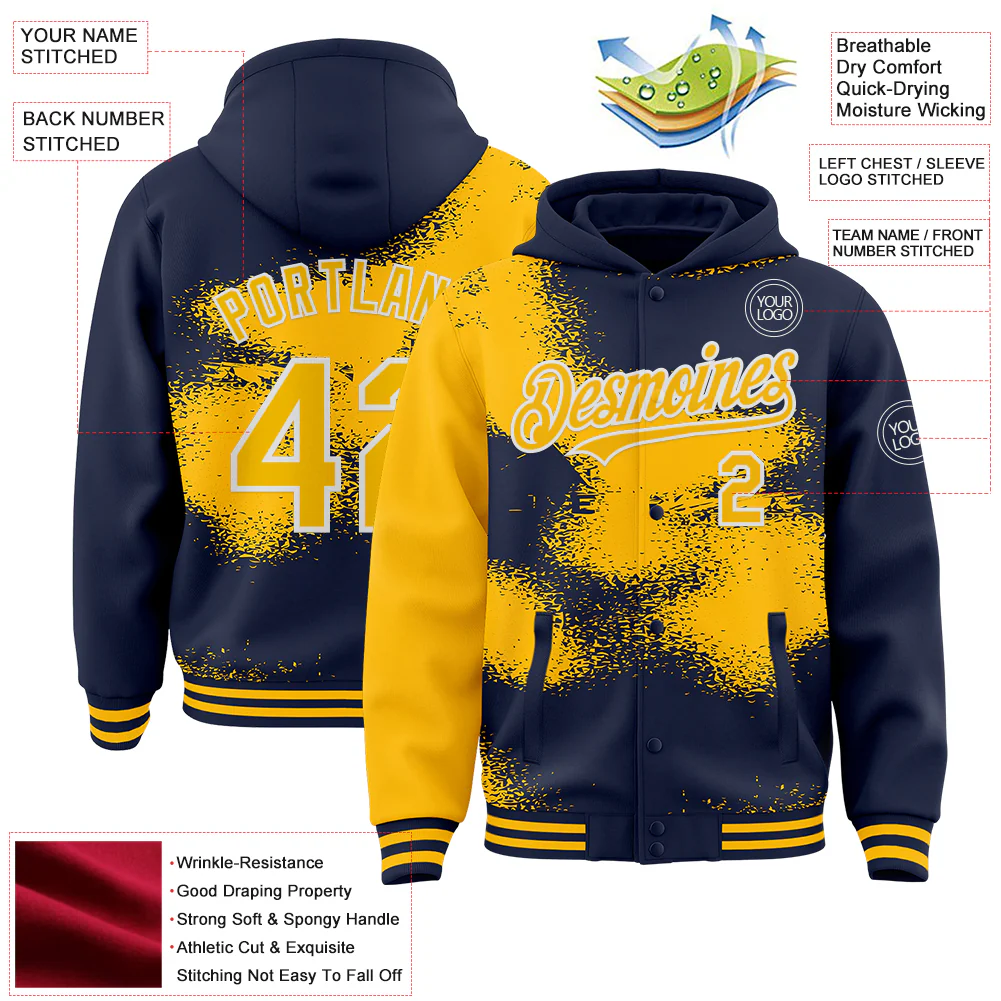Custom Navy Gold-White Abstract Color Blocks Fragment Pattern Bomber Full-Snap Varsity Letterman Hoodie Jacket - Image 4