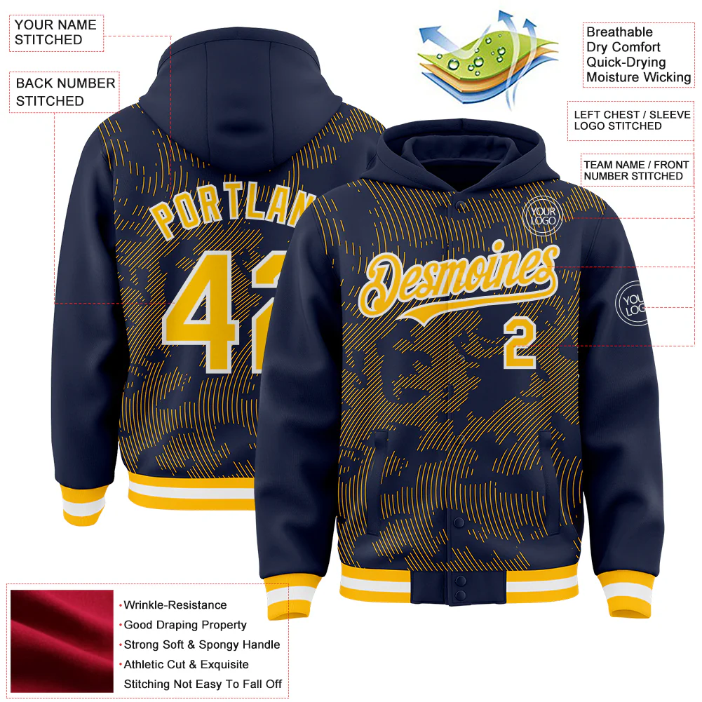 Custom Navy Gold-White Curve Lines Bomber Full-Snap Varsity Letterman Hoodie Jacket - Image 4