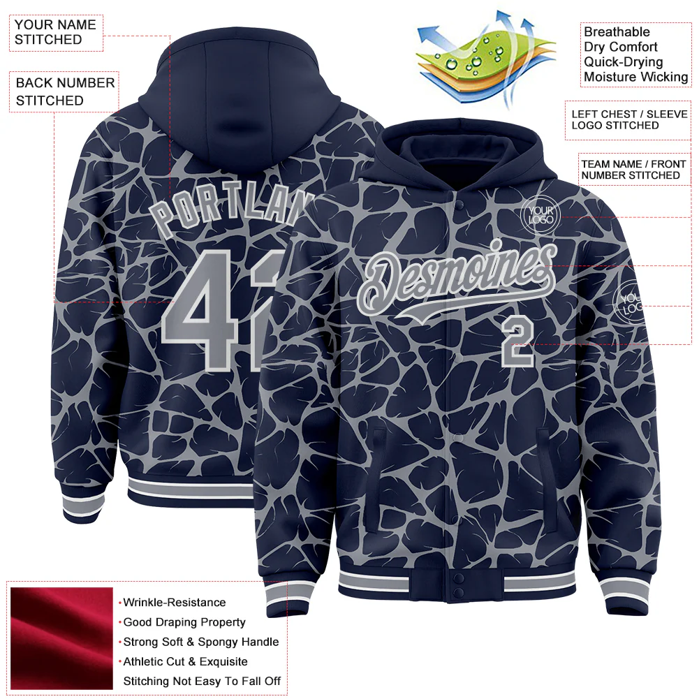 Custom Navy Gray-White Abstract Network Bomber Full-Snap Varsity Letterman Hoodie Jacket - Image 4