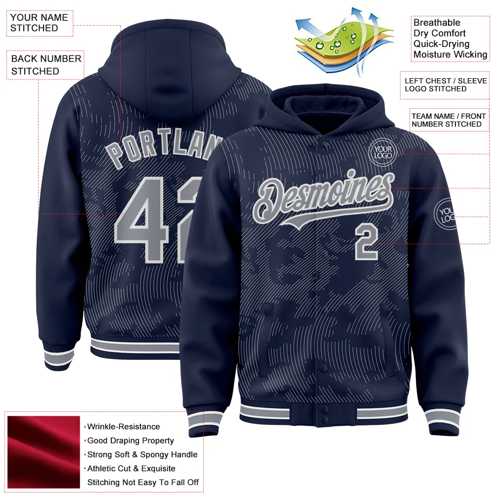 Custom Navy Gray-White Curve Lines Bomber Full-Snap Varsity Letterman Hoodie Jacket - Image 4