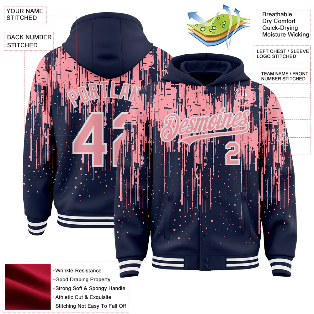 Custom Navy Medium Pink-White Dripping Splatter Bomber Full-Snap Varsity Letterman Hoodie Jacket - Image 4