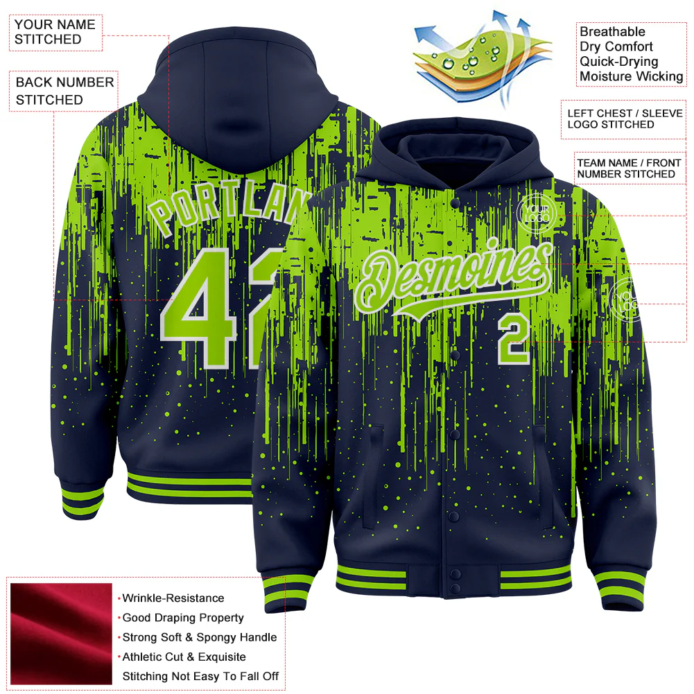 Custom Navy Neon Green-White Dripping Splatter Bomber Full-Snap Varsity Letterman Hoodie Jacket - Image 4