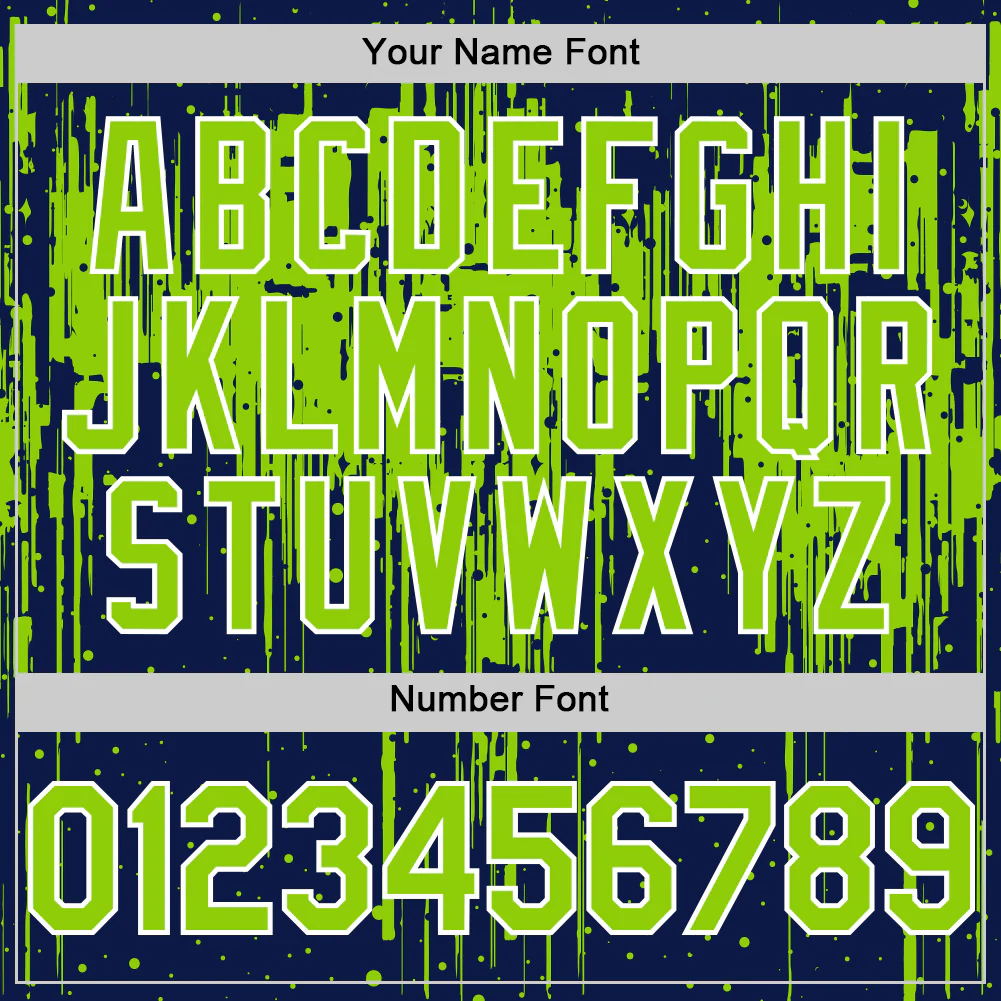 Custom Navy Neon Green-White Dripping Splatter Bomber Full-Snap Varsity Letterman Hoodie Jacket - Image 6