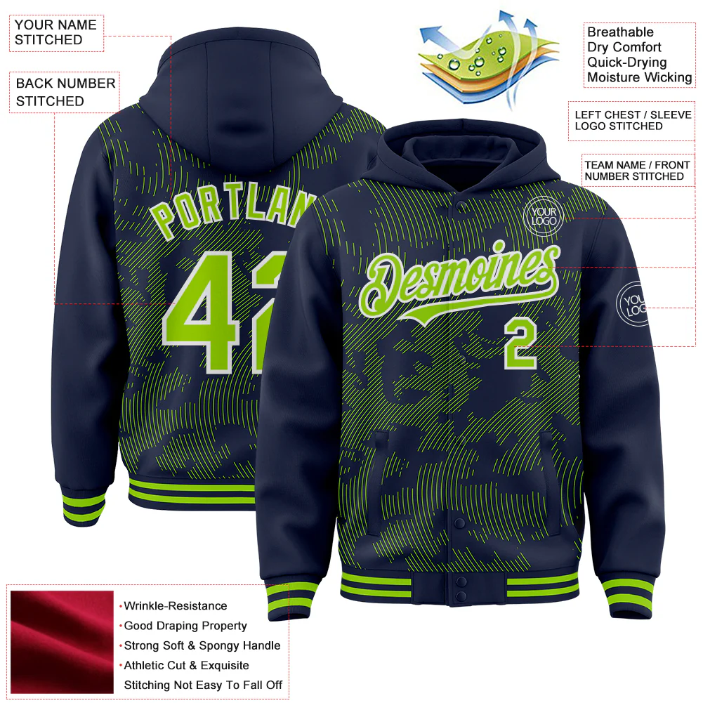 Custom Navy Neon Green-White Curve Lines Bomber Full-Snap Varsity Letterman Hoodie Jacket - Image 4