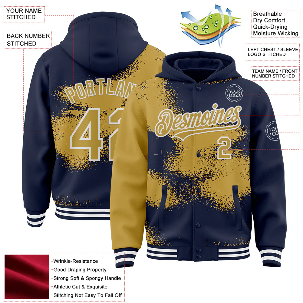 Custom Navy Old Gold-White Abstract Color Blocks Fragment Pattern Bomber Full-Snap Varsity Letterman Hoodie Jacket - Image 4