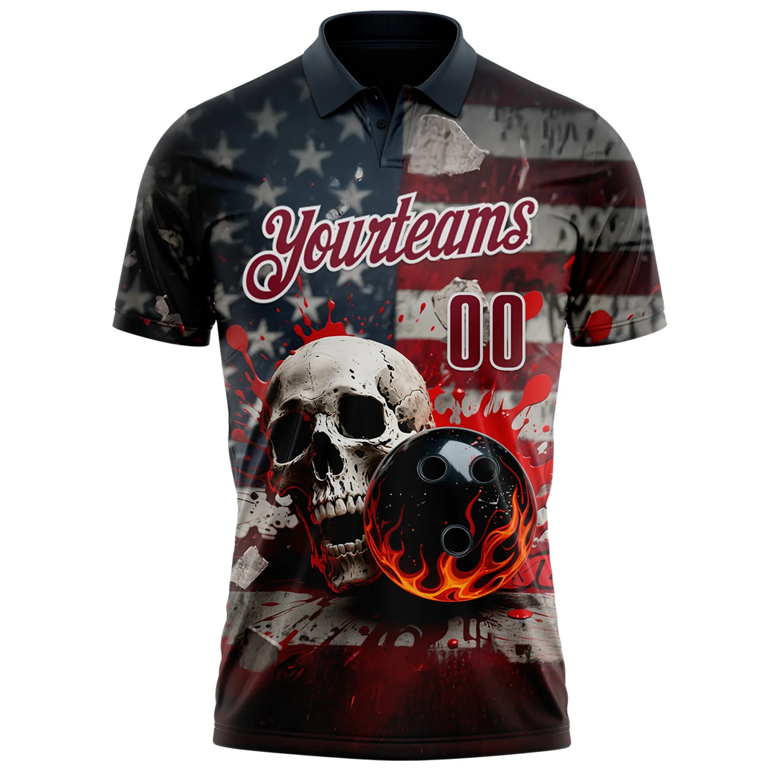 Custom Navy Crimson-White 3D American Flag Splash Flame Skull Bowling Performance Polo Shirt - Image 2