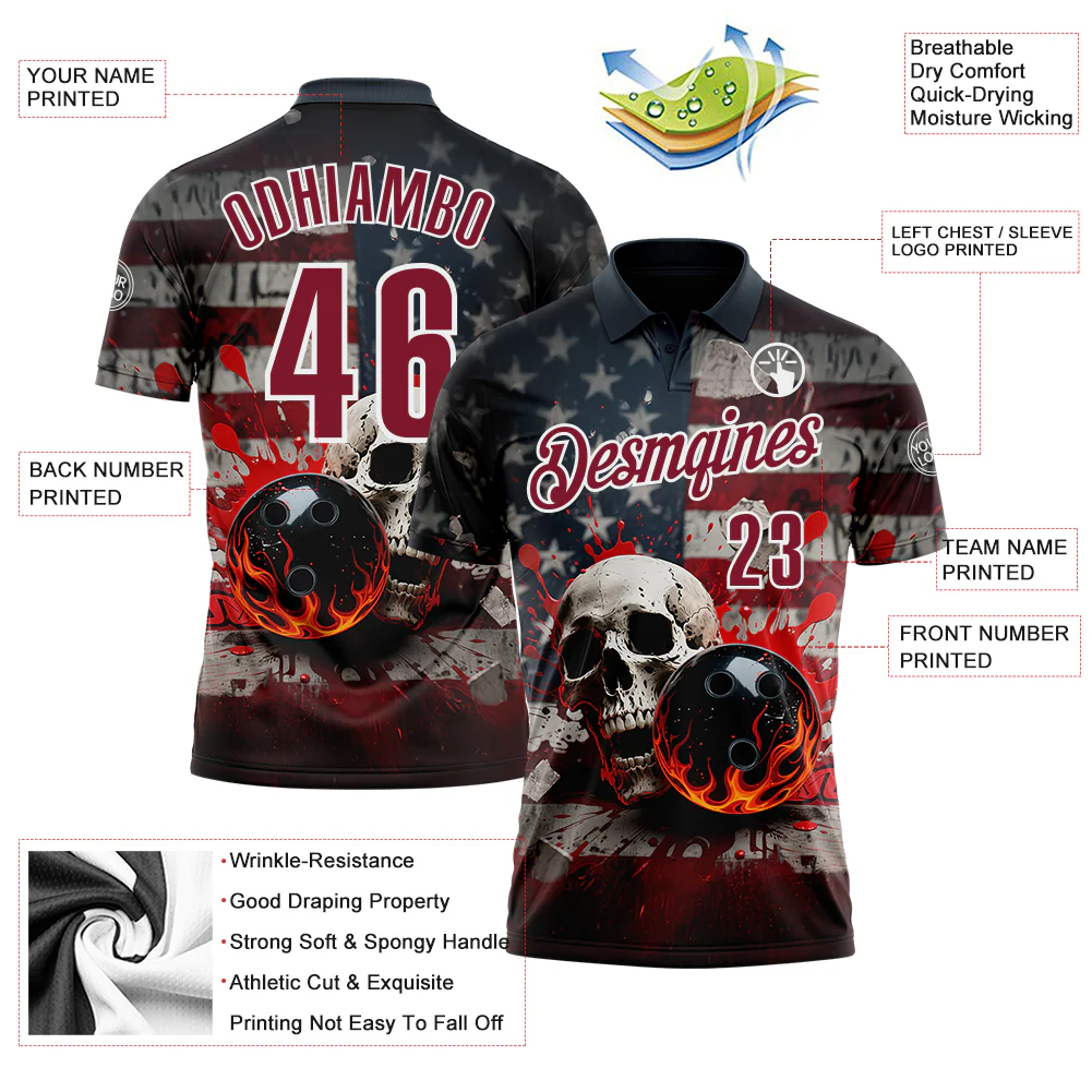 Custom Navy Crimson-White 3D American Flag Splash Flame Skull Bowling Performance Polo Shirt - Image 3