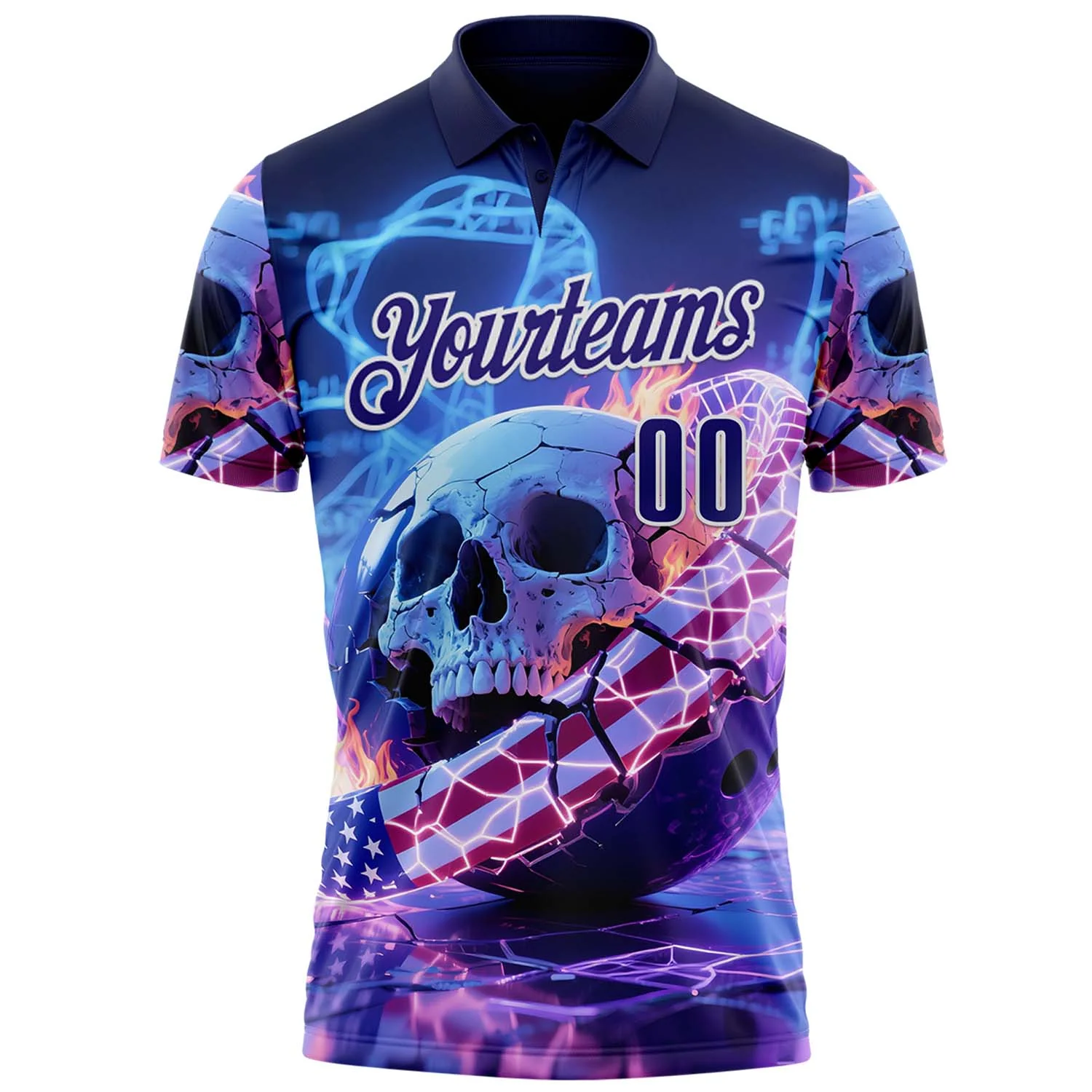 Custom Navy Dark Purple-White 3D American Flag Flame Lightning Skull Bowling Performance Polo Shirt - Image 2