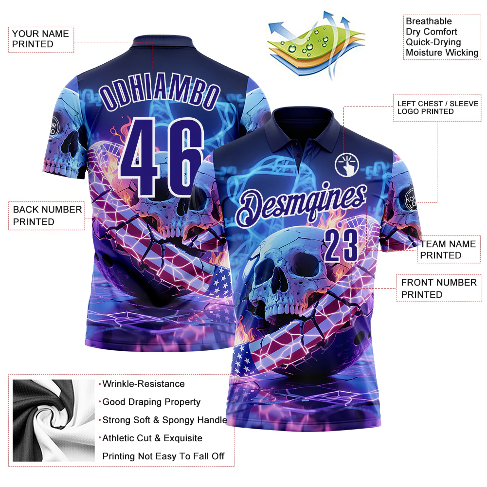 Custom Navy Dark Purple-White 3D American Flag Flame Lightning Skull Bowling Performance Polo Shirt - Image 3