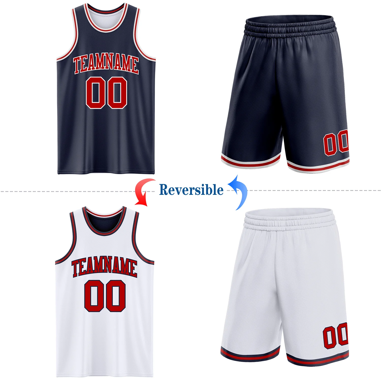 Custom Navy Red-White Reversible Double Side Sublimation Basketball Suit Jersey - Image 2