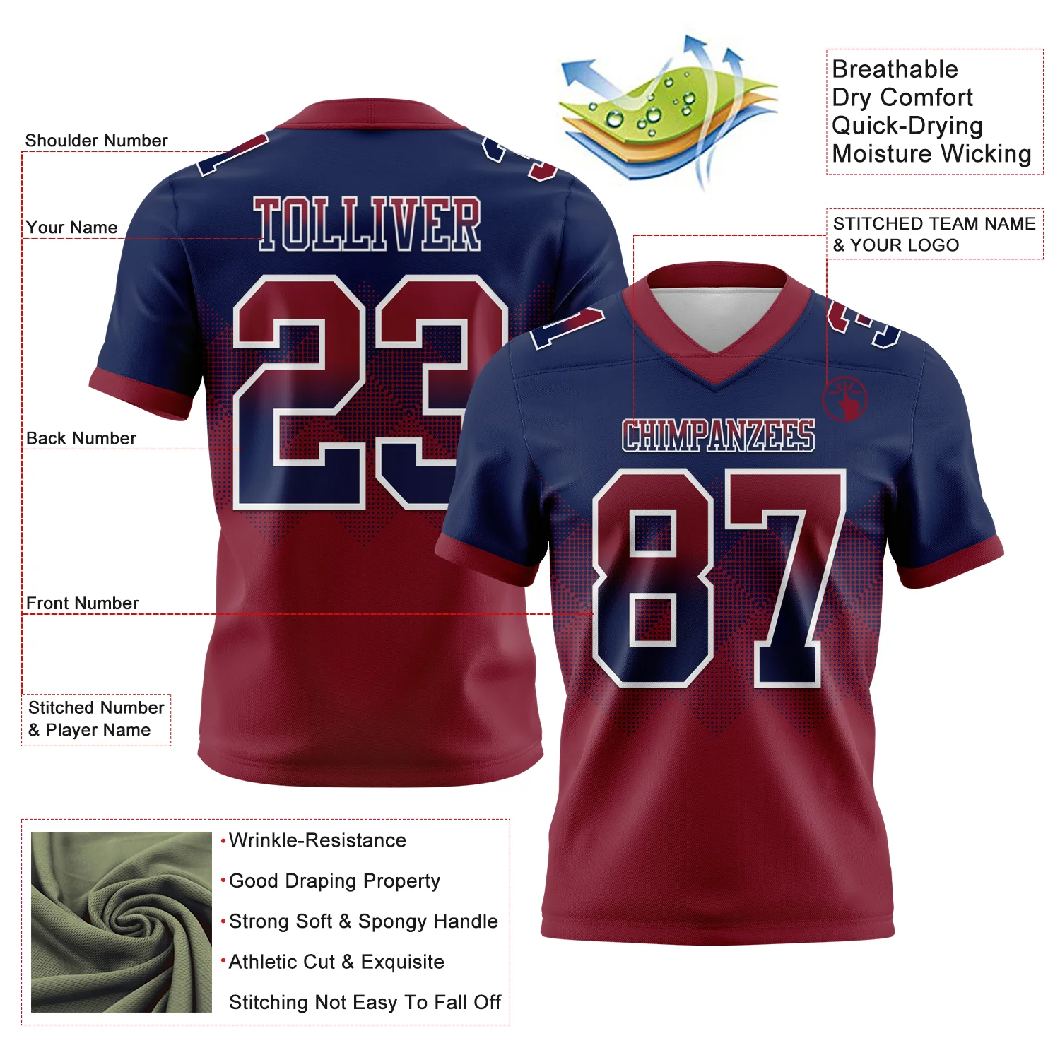 Custom Navy Crimson-White Authentic Gradient Square Shape Flag Football Jersey - Image 2