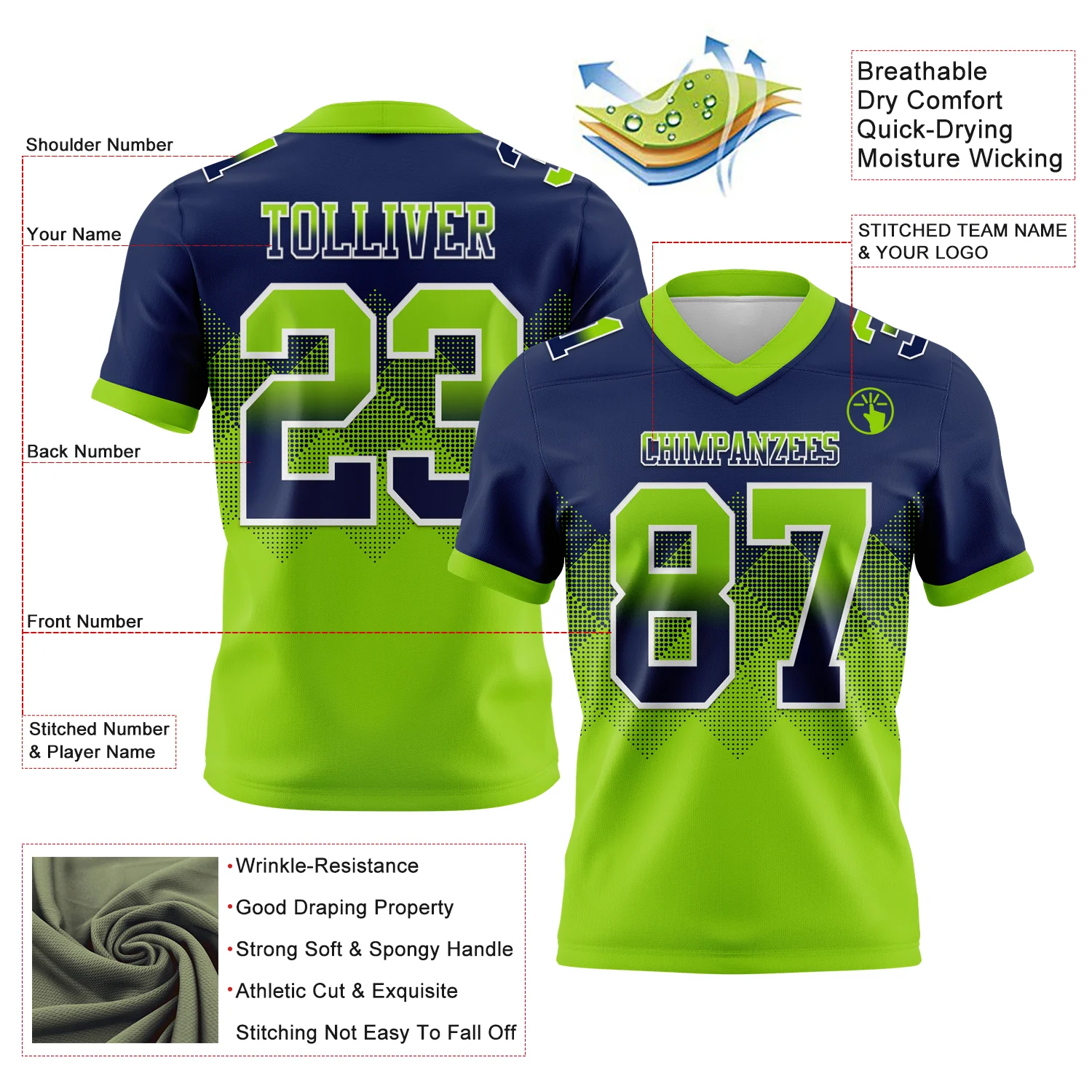 Custom Navy Neon Green-White Authentic Gradient Square Shape Flag Football Jersey - Image 2
