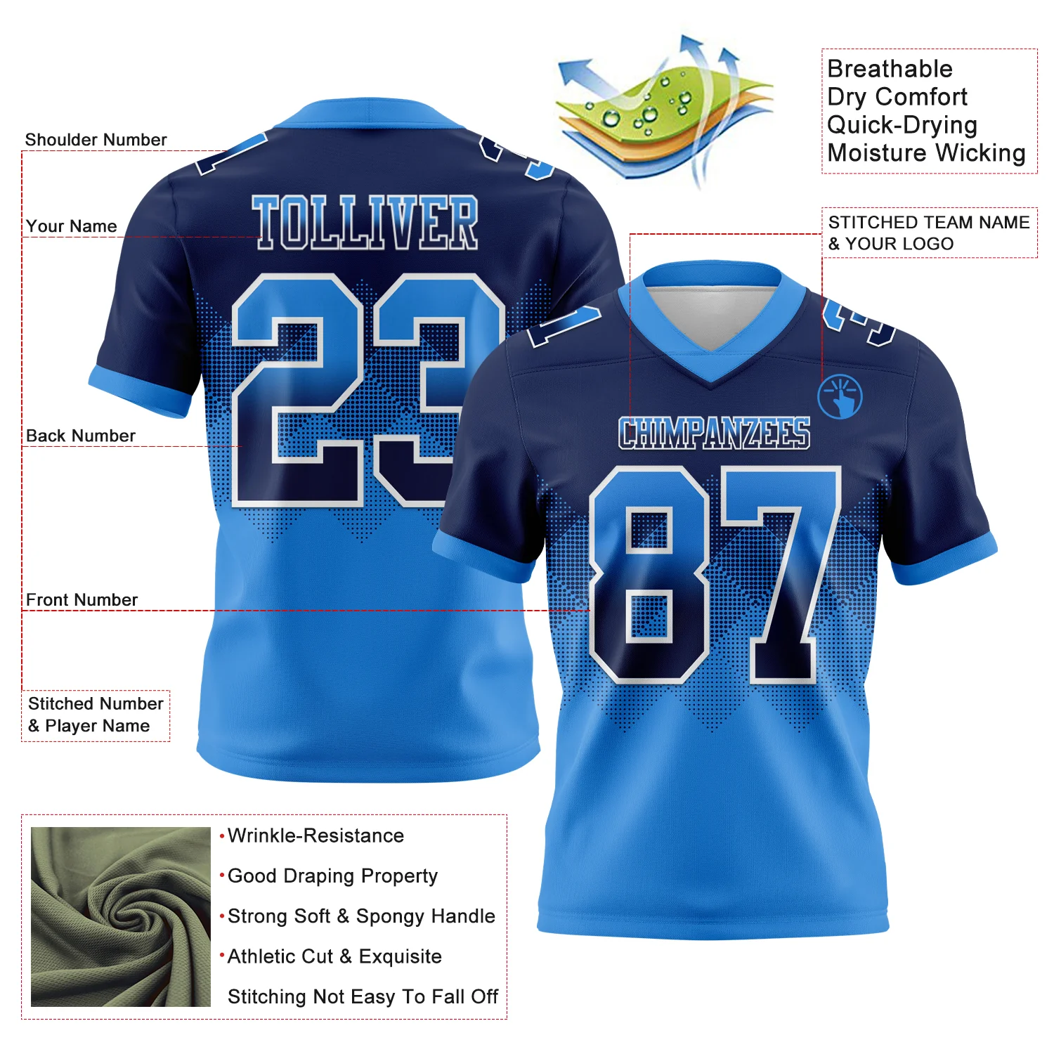 Custom Navy Powder Blue-White Authentic Gradient Square Shape Flag Football Jersey - Image 2