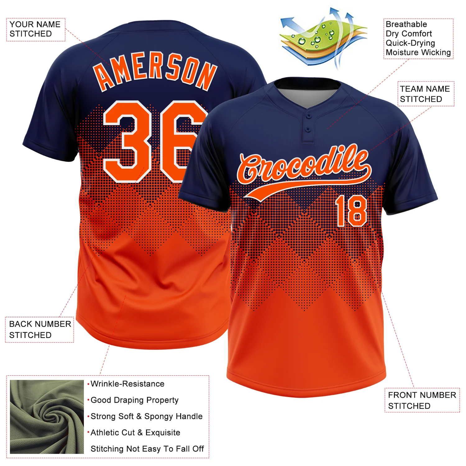 Custom Navy Orange-White 3D Gradient Square Shape Two-Button Unisex Softball Jersey - Image 3
