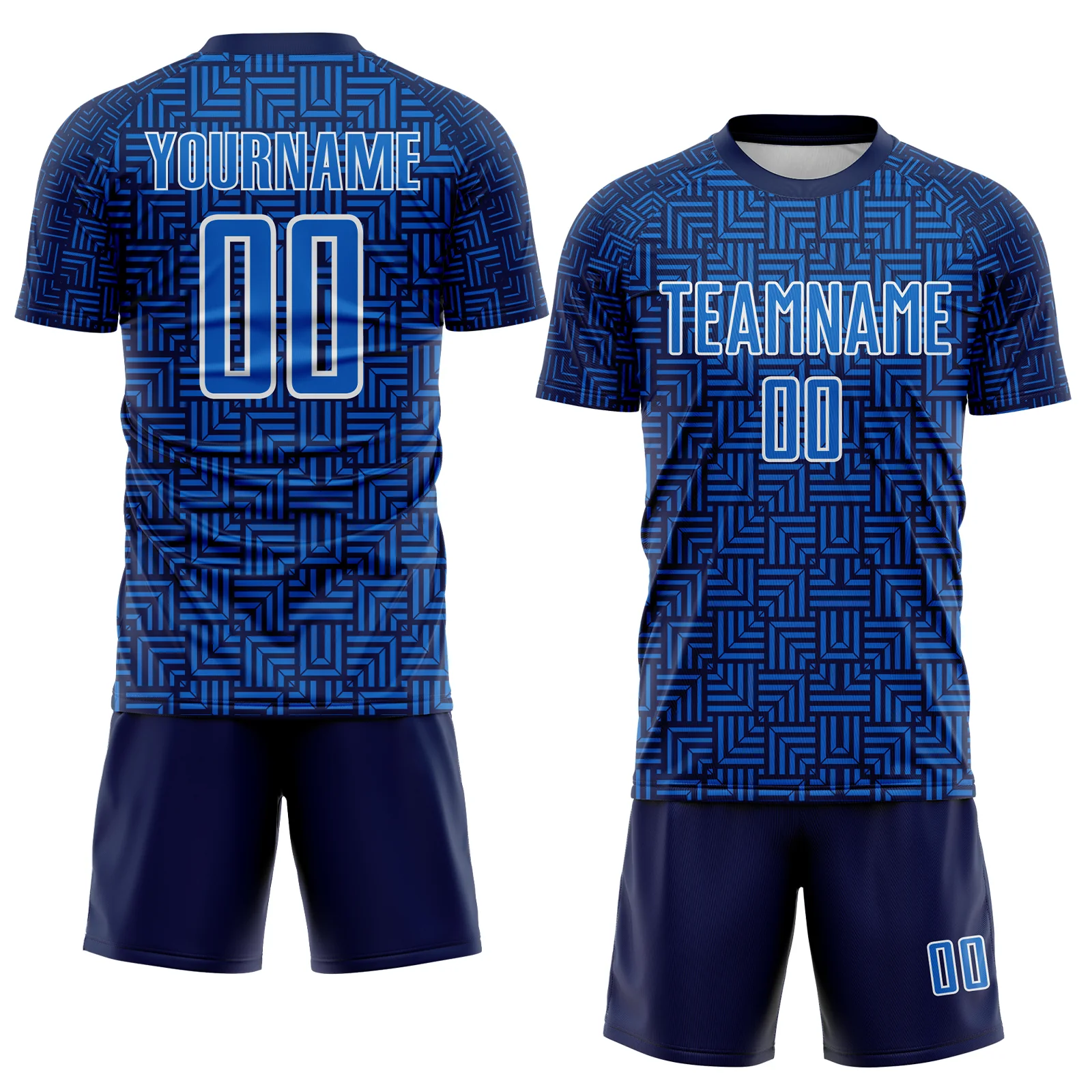 Custom Navy Blue-White Geometric Maze Interlocking Square Sports Sublimation Soccer Uniform Jersey - Image 2