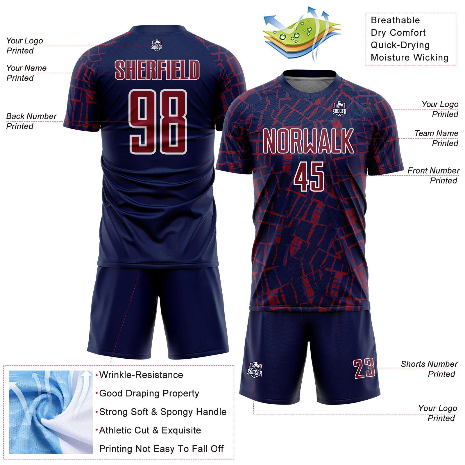 Custom Navy Crimson-White Abstract Line Sports Sublimation Soccer Uniform Jersey - Image 4