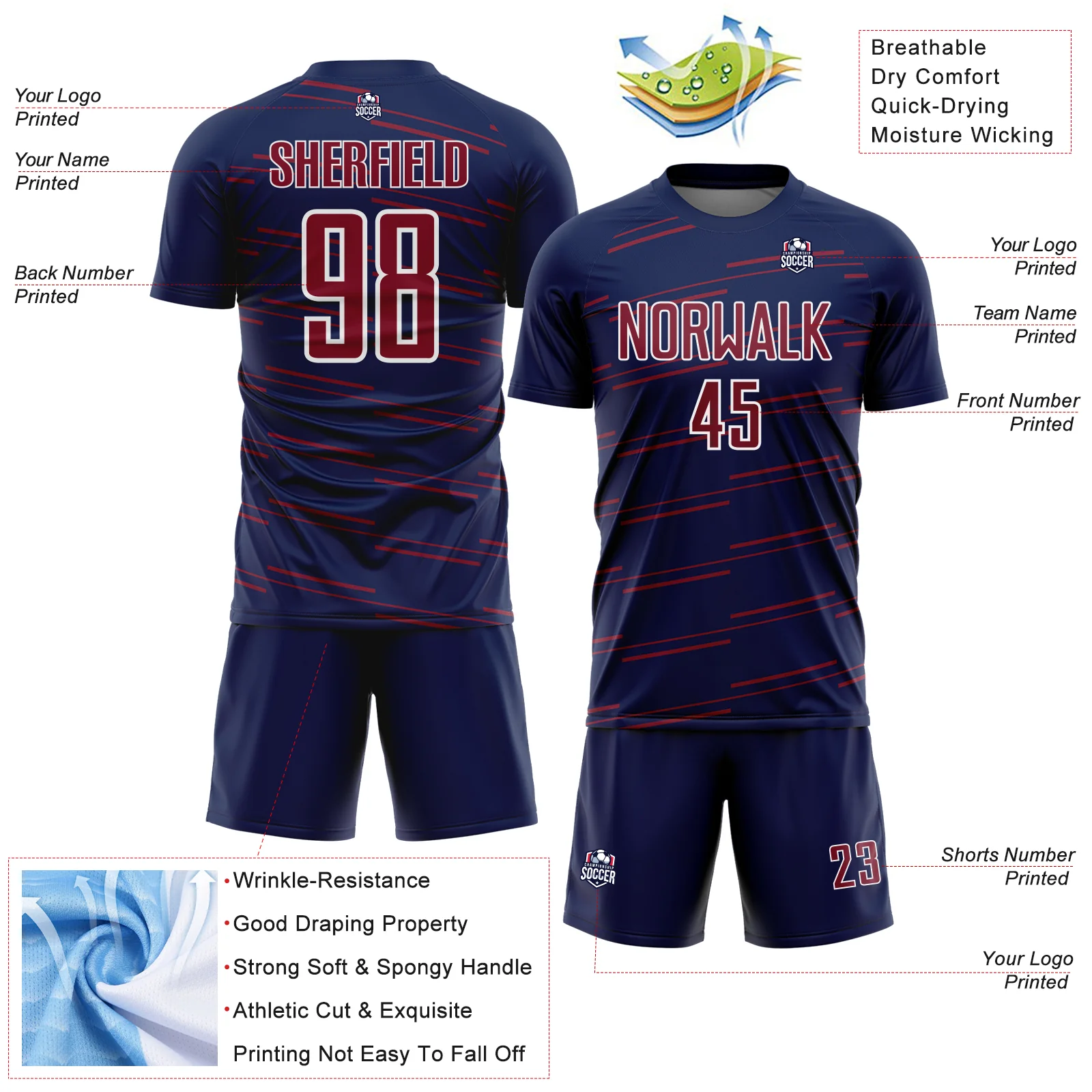 Custom Navy Crimson-White Diagonal Pinstripes Lines Sports Sublimation Soccer Uniform Jersey - Image 4
