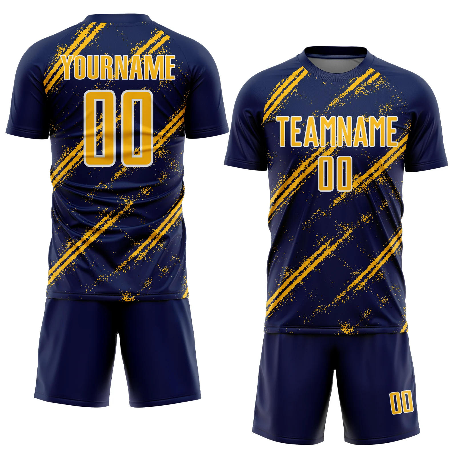 Custom Navy Gold-White Abstract Fragment Art Splash Sublimation Soccer Uniform Jersey - Image 2