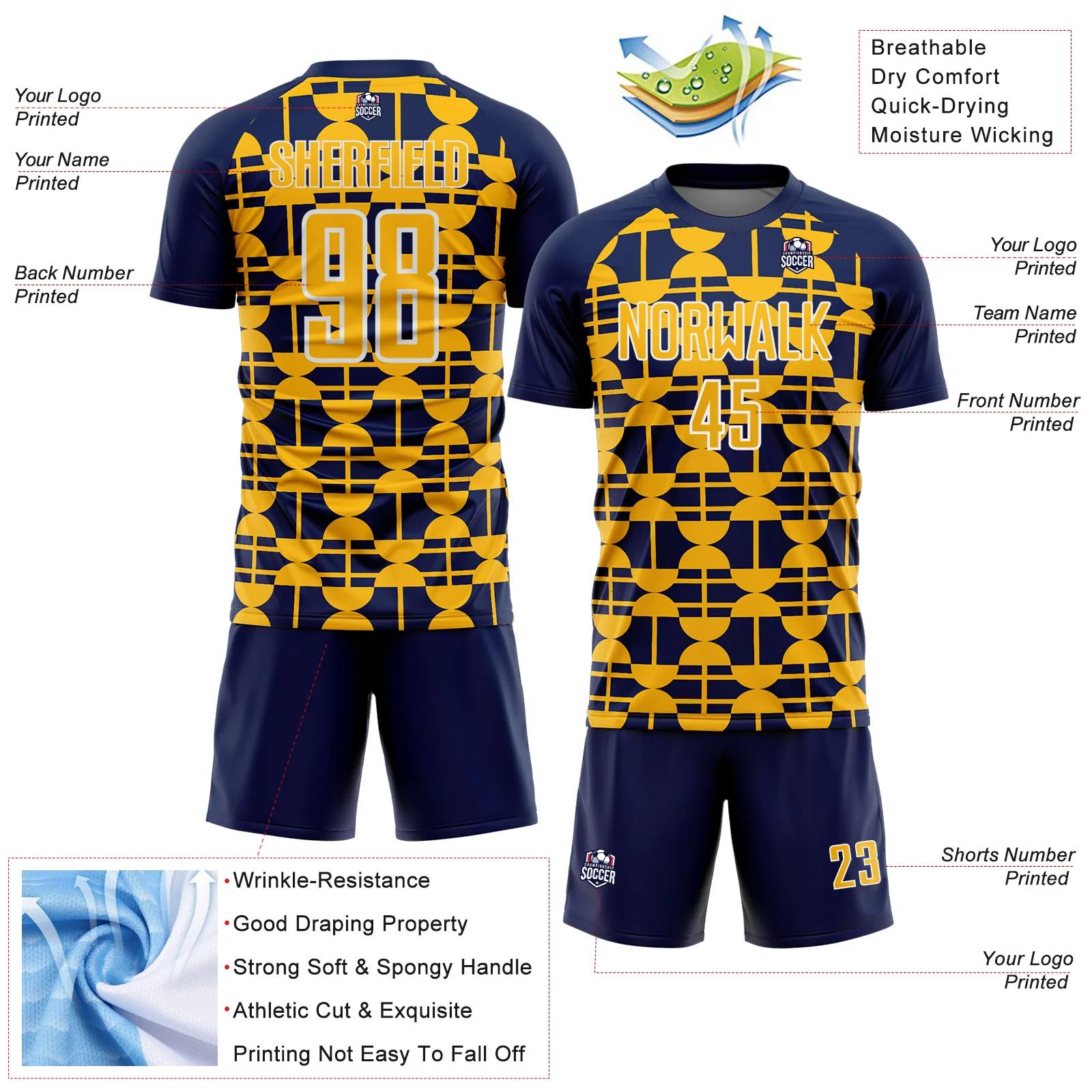 Custom Navy Gold-White Geometric Shapes Sports Sublimation Soccer Uniform Jersey - Image 4
