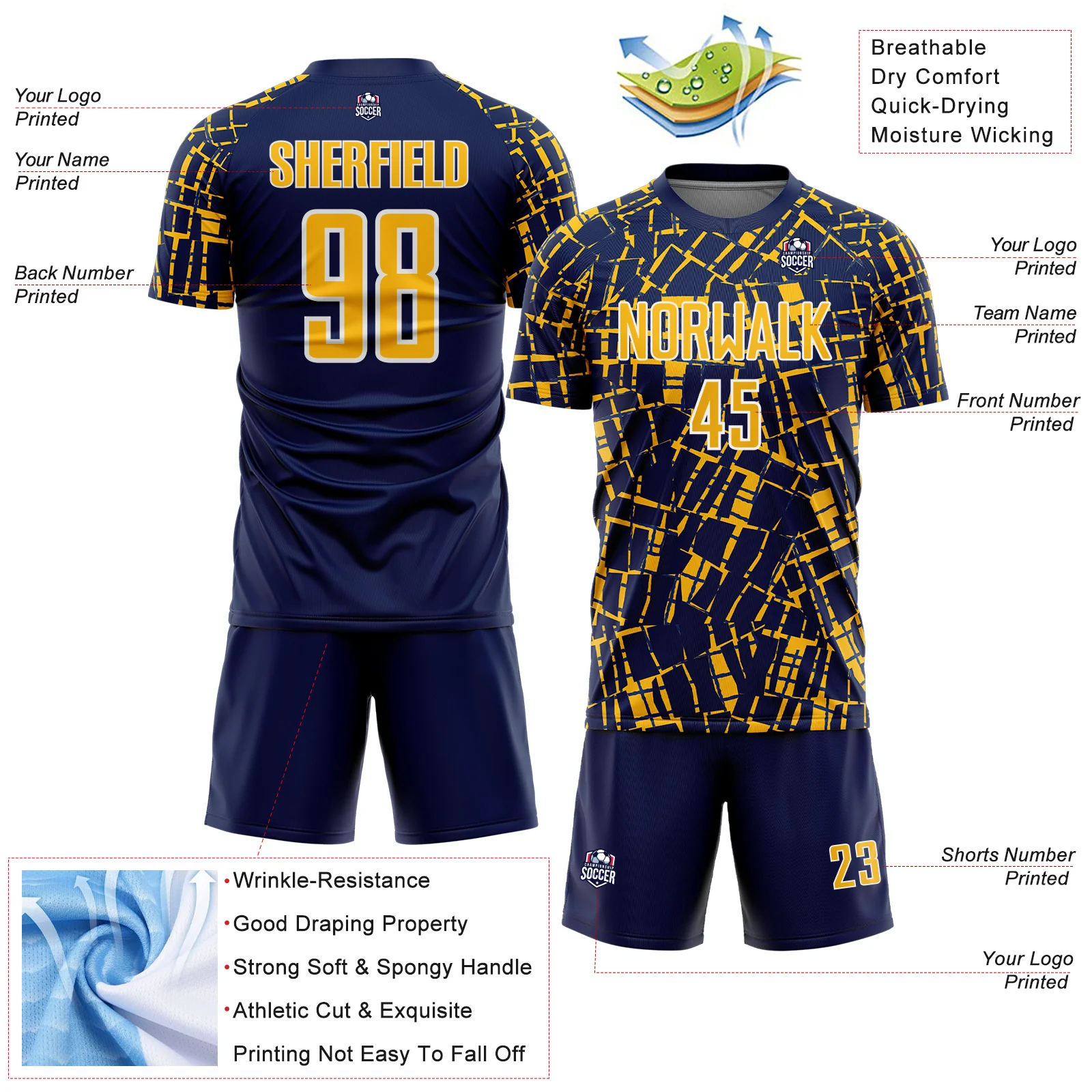 Custom Navy Gold-White Abstract Line Sports Sublimation Soccer Uniform Jersey - Image 4