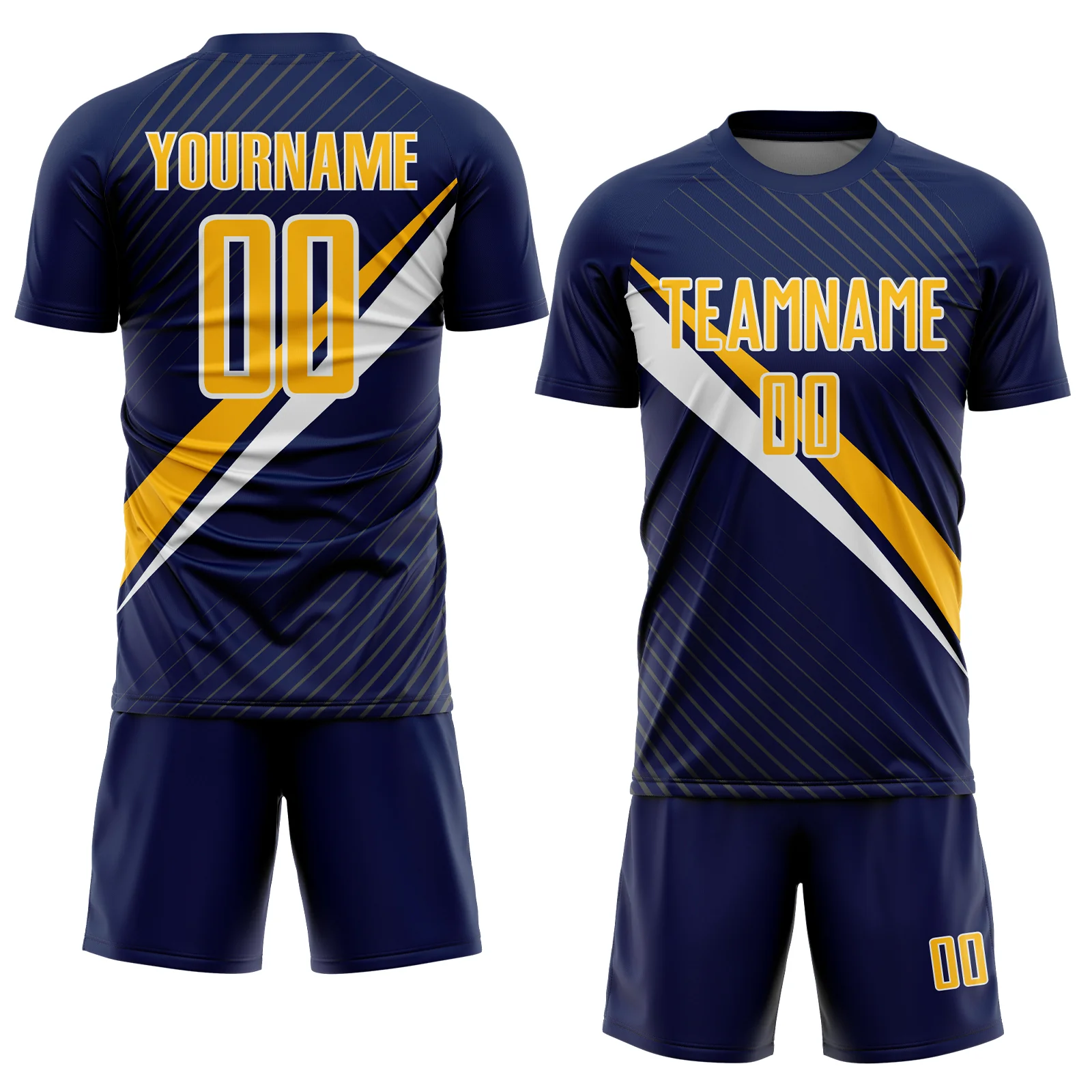 Custom Navy Gold-White Diagonal Stripes Sports Sublimation Soccer Uniform Jersey - Image 2