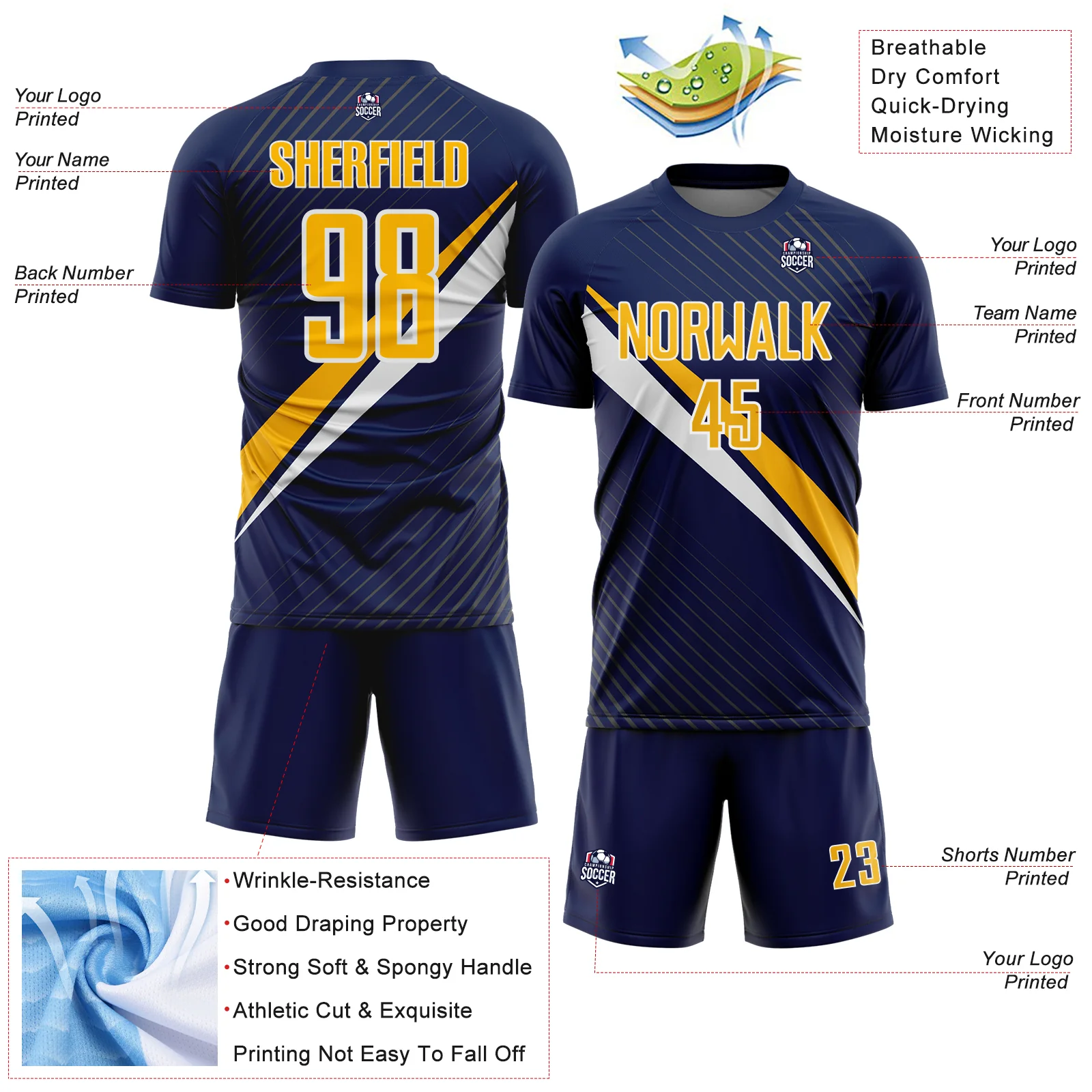 Custom Navy Gold-White Diagonal Stripes Sports Sublimation Soccer Uniform Jersey - Image 4