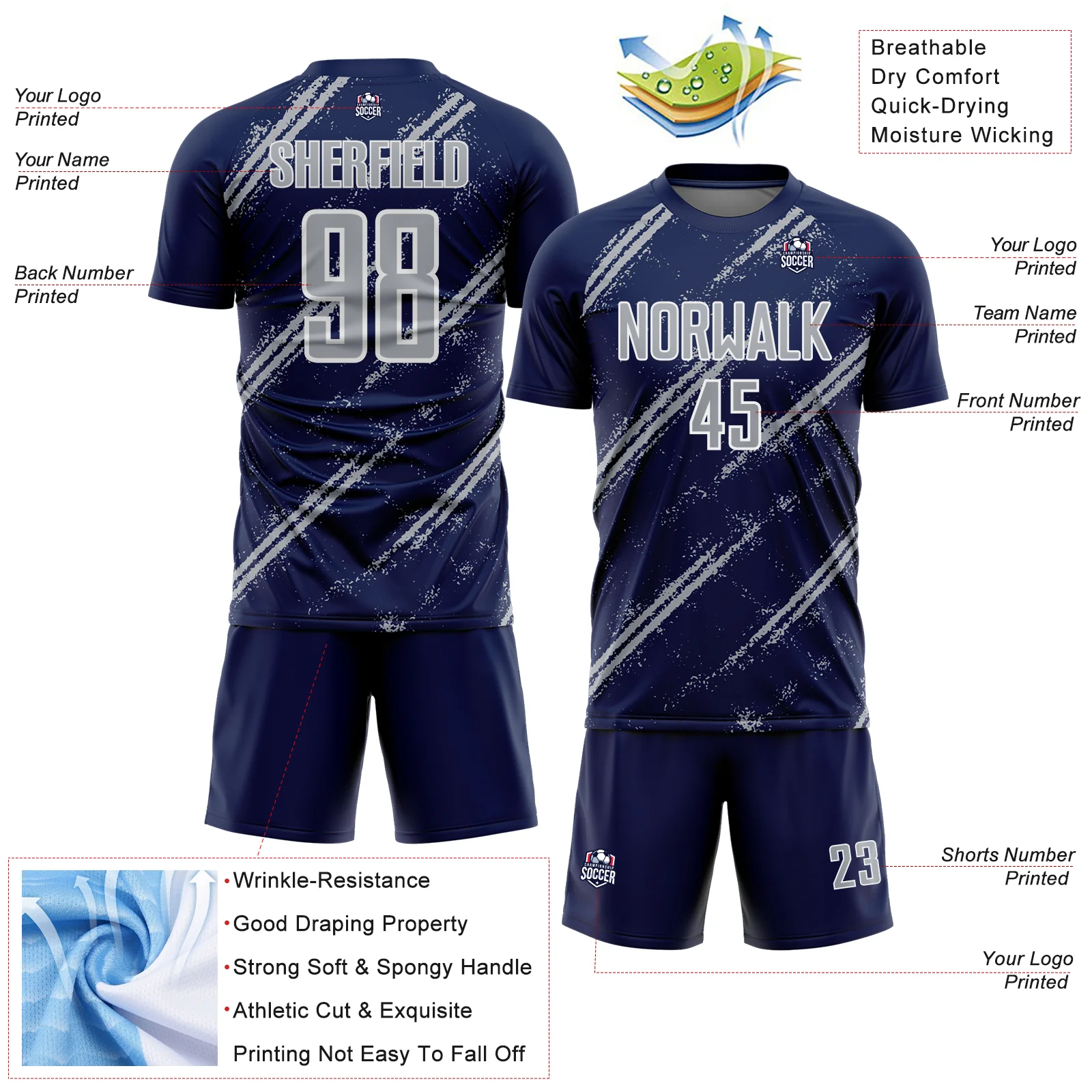 Custom Navy Gray-White Abstract Fragment Art Splash Sublimation Soccer Uniform Jersey - Image 4