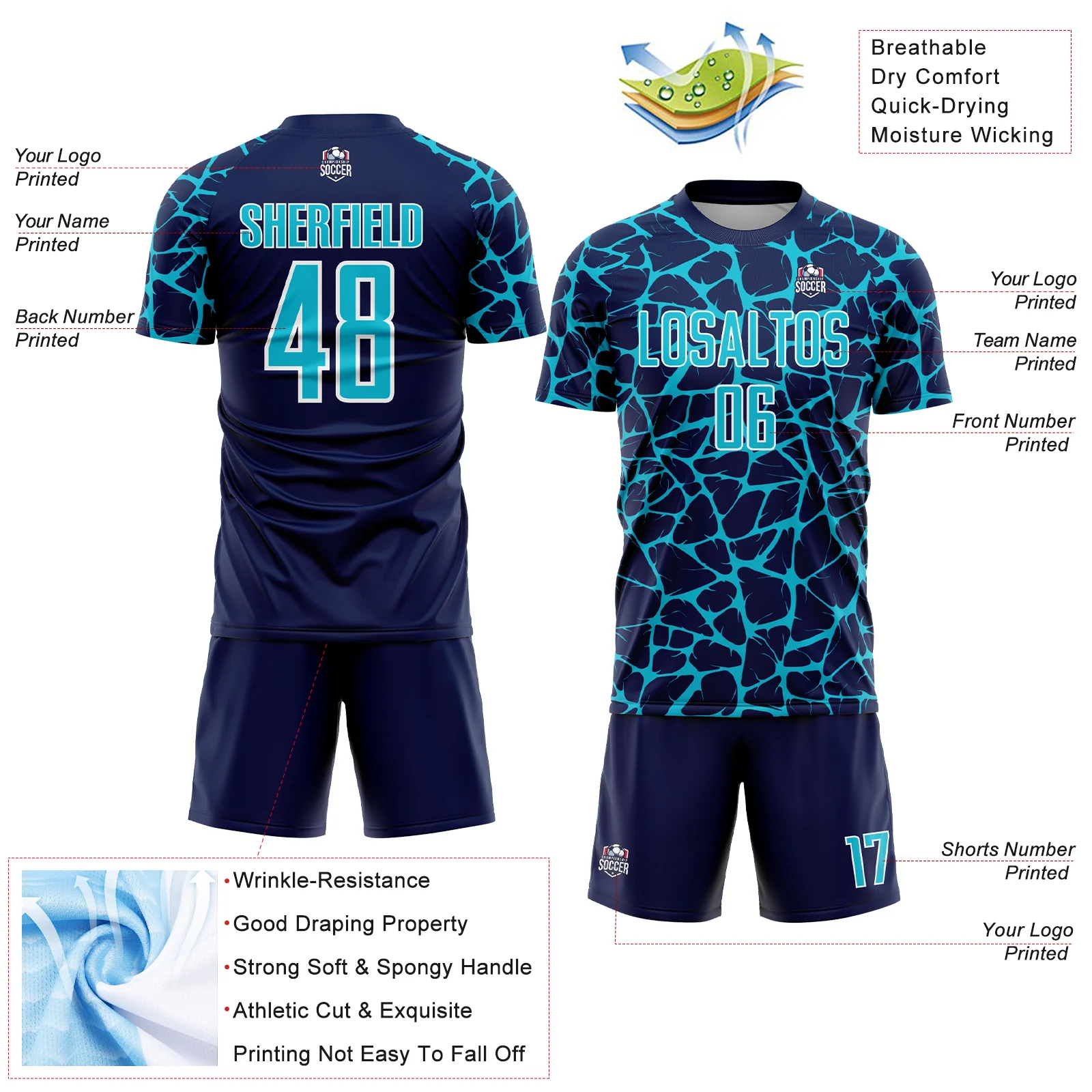 Custom Navy Lakes Blue-White Abstract Network Splash Sublimation Soccer Uniform Jersey - Image 4