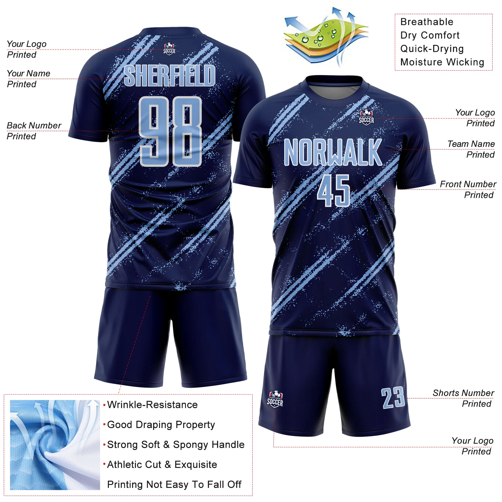 Custom Navy Light Blue-White Abstract Fragment Art Splash Sublimation Soccer Uniform Jersey - Image 4