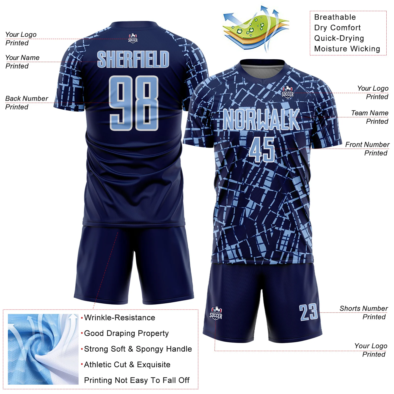 Custom Navy Light Blue-White Abstract Line Sports Sublimation Soccer Uniform Jersey - Image 4