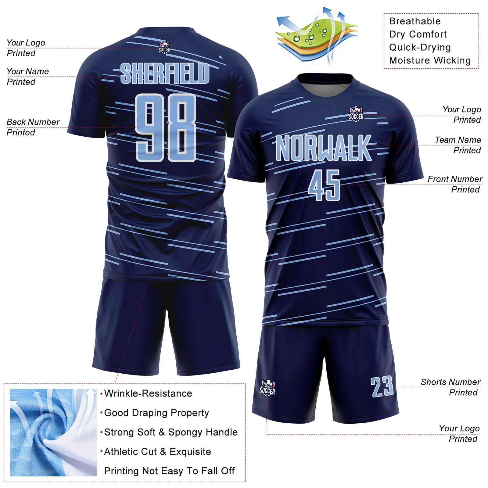 Custom Navy Light Blue-White Diagonal Pinstripes Lines Sports Sublimation Soccer Uniform Jersey - Image 4