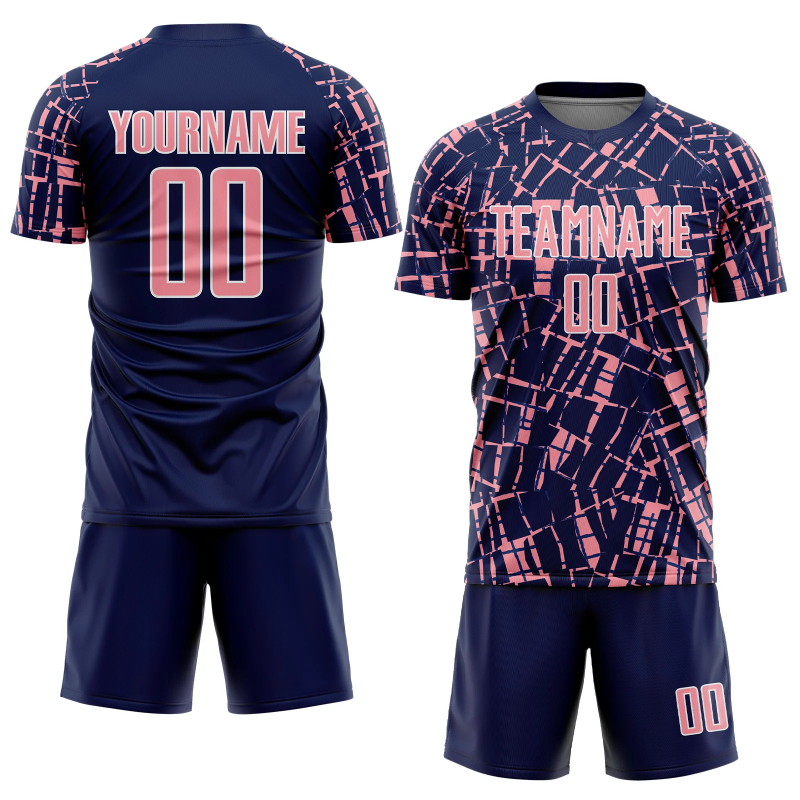 Custom Navy Medium Pink-White Abstract Line Sports Sublimation Soccer Uniform Jersey - Image 2