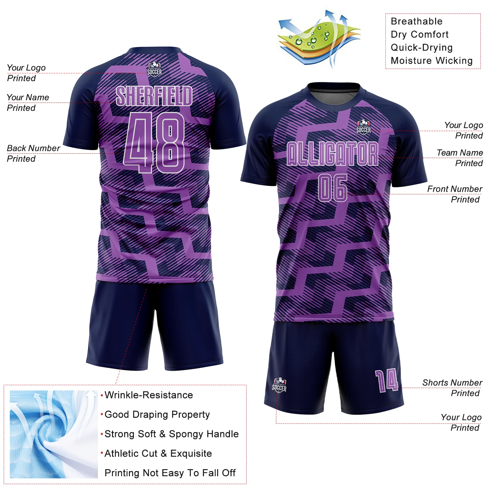 Custom Navy Medium Purple-White Line Sublimation Soccer Uniform Jersey - Image 4