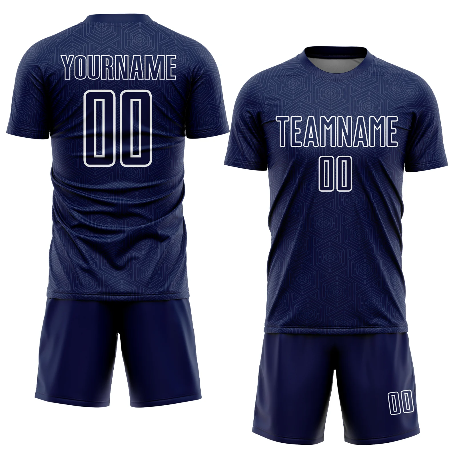Custom Navy White Geometric Shape Sublimation Soccer Uniform Jersey - Image 2