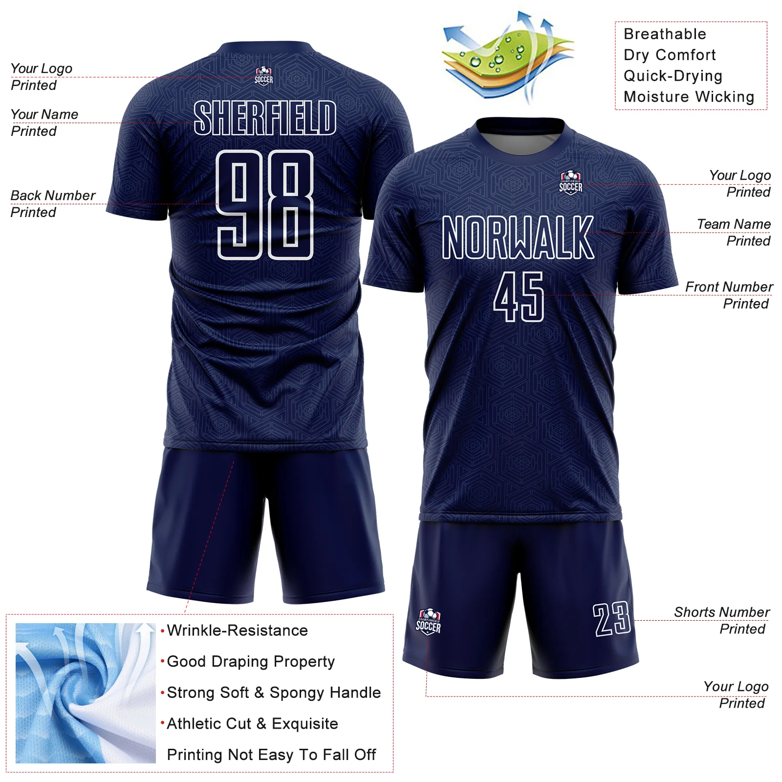 Custom Navy White Geometric Shape Sublimation Soccer Uniform Jersey - Image 4