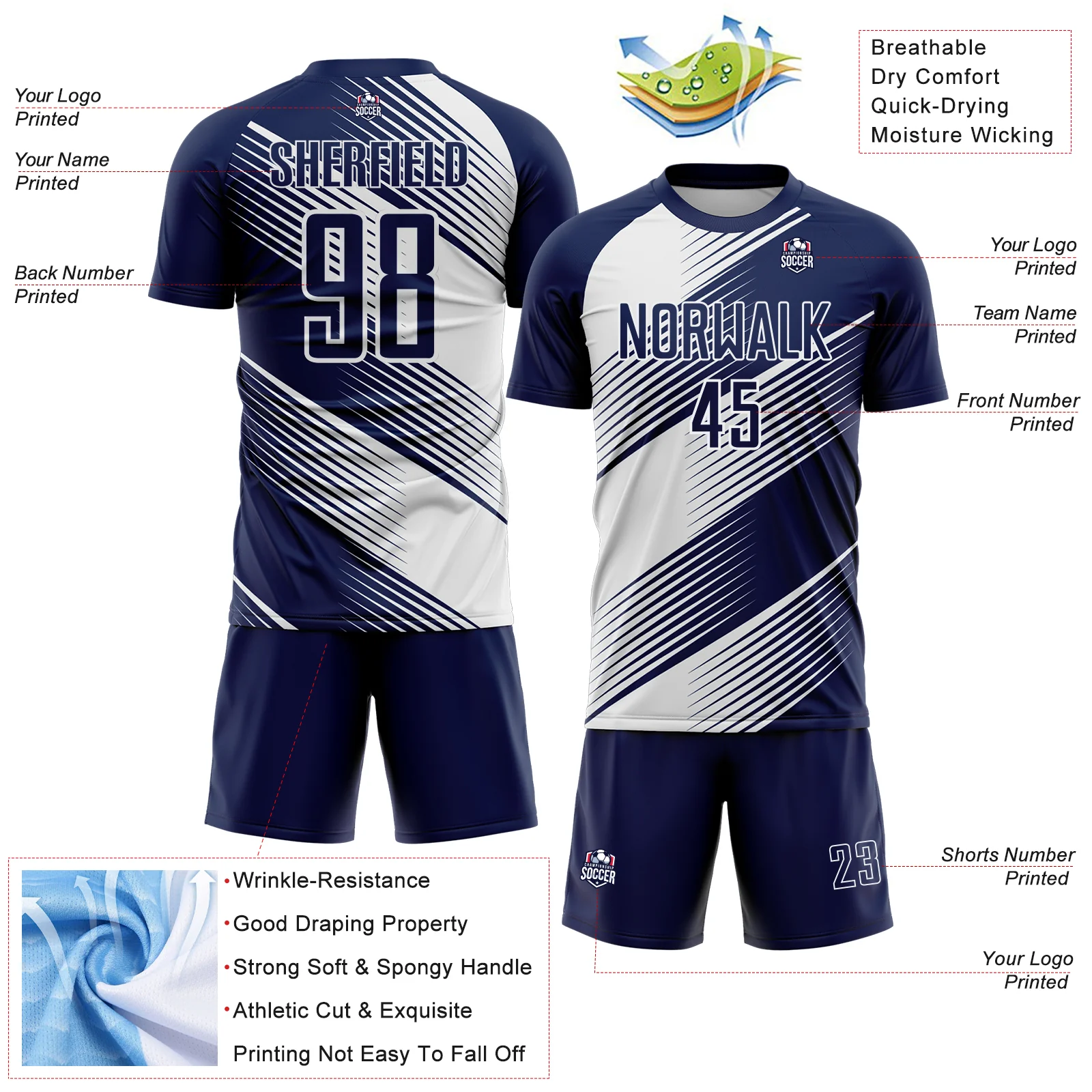 Custom Navy White Line Sublimation Soccer Uniform Jersey - Image 4
