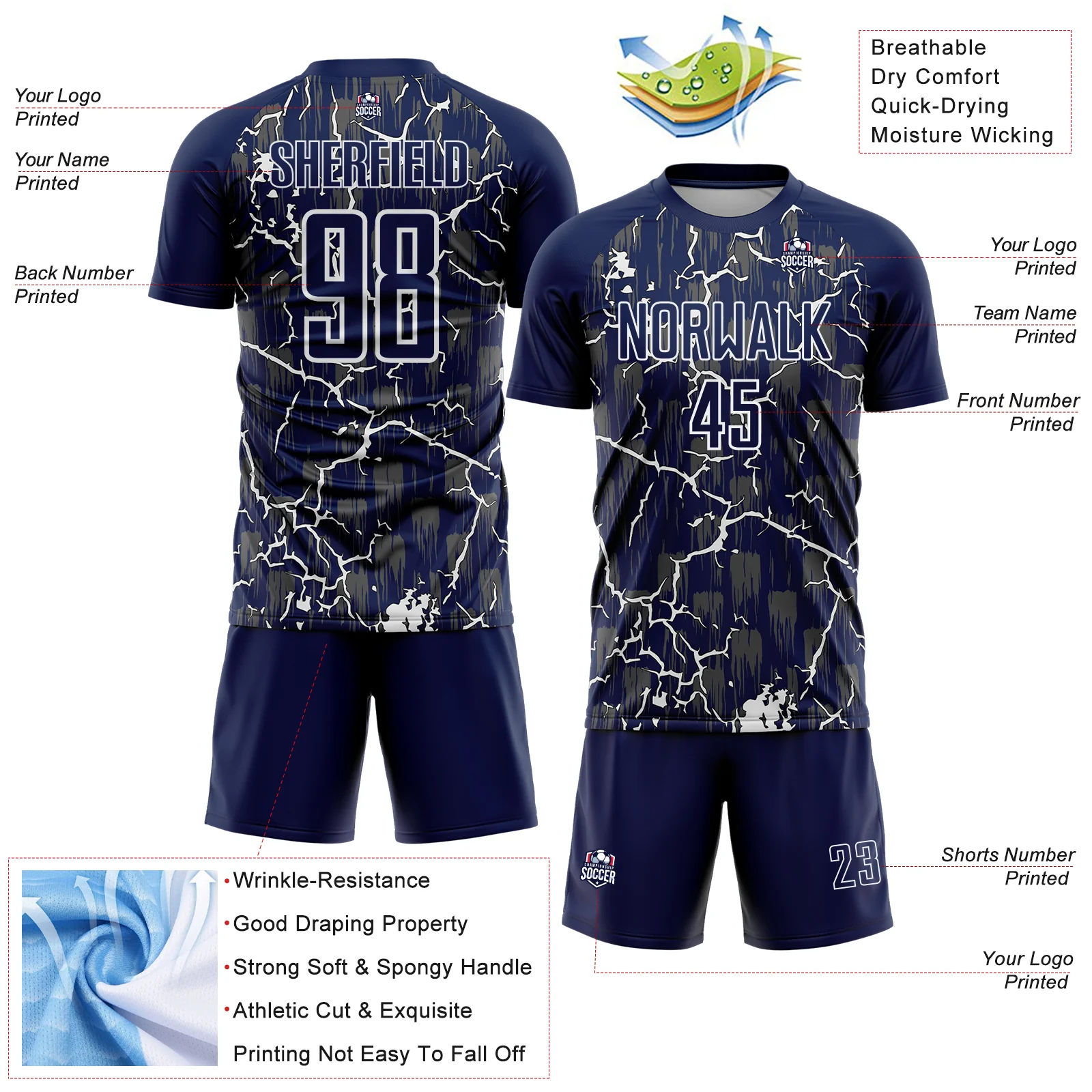 Custom Navy White Lightning Sublimation Soccer Uniform Jersey - Image 4
