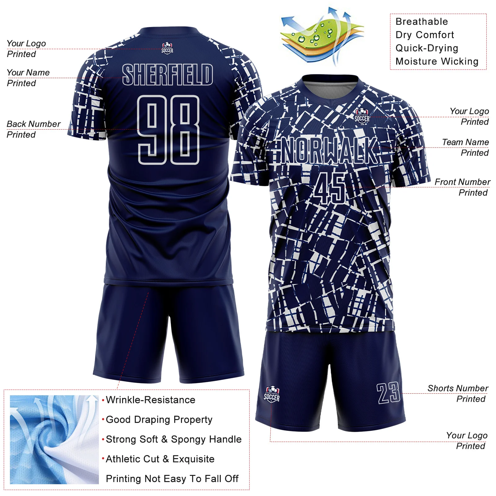 Custom Navy White Abstract Line Sports Sublimation Soccer Uniform Jersey - Image 4