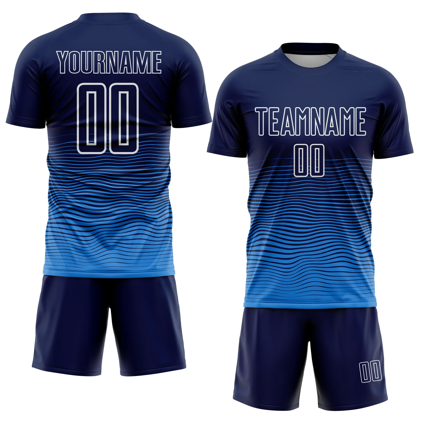 Custom Navy White-Powder Blue Gradient Wave Line Sports Sublimation Soccer Uniform Jersey - Image 2