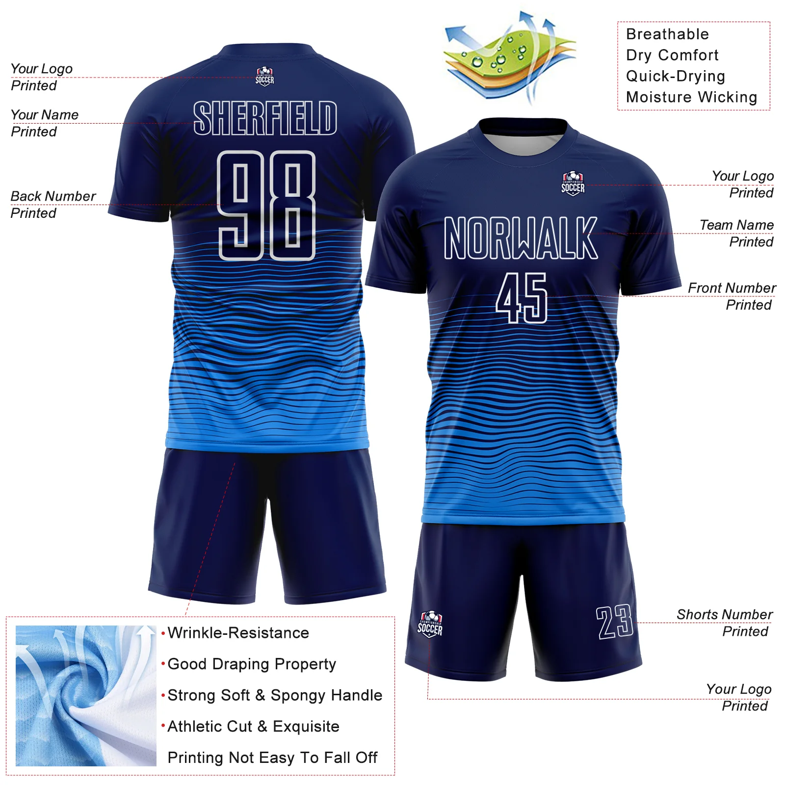 Custom Navy White-Powder Blue Gradient Wave Line Sports Sublimation Soccer Uniform Jersey - Image 4
