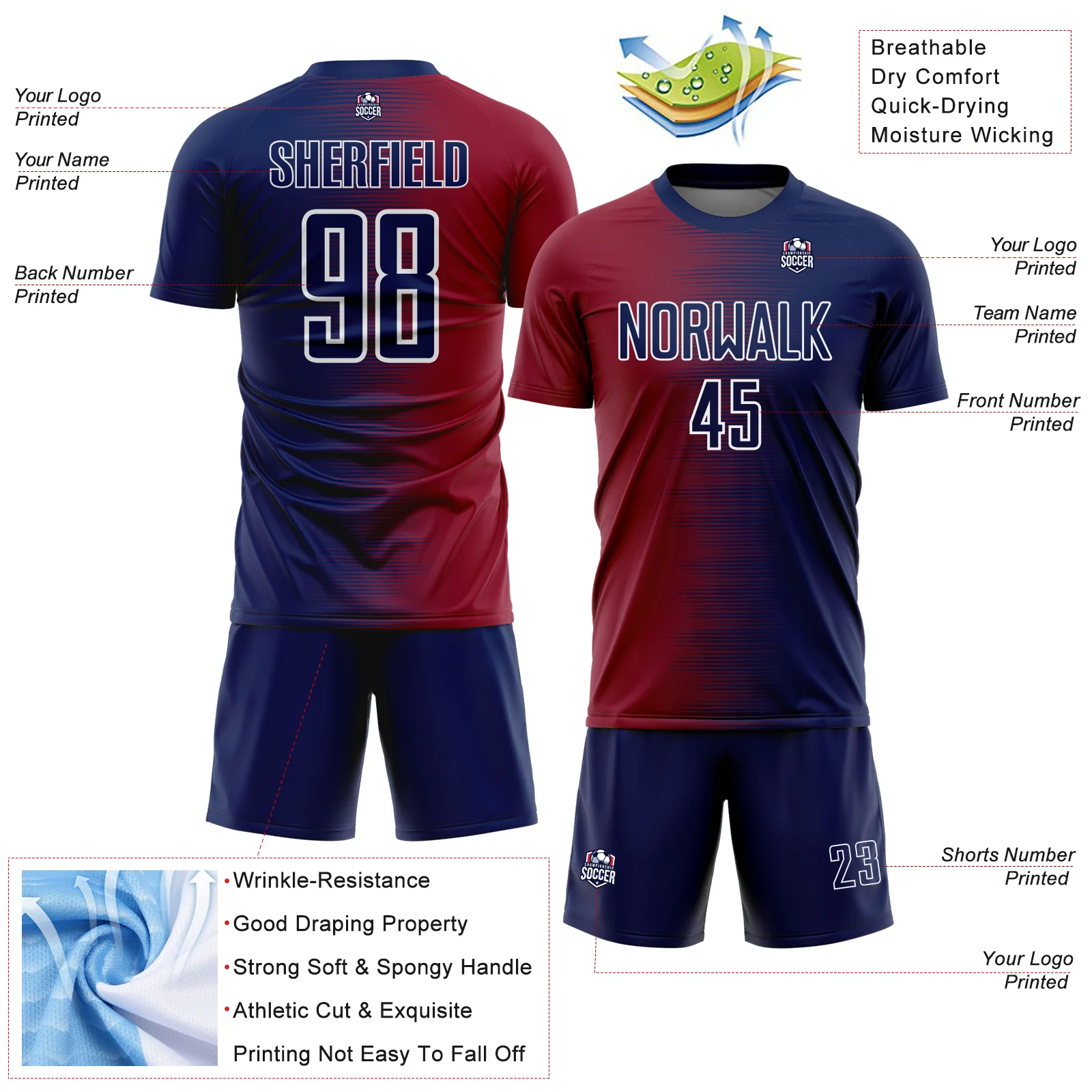 Custom Navy White-Crimson Gradient Line Sublimation Soccer Uniform Jersey - Image 4