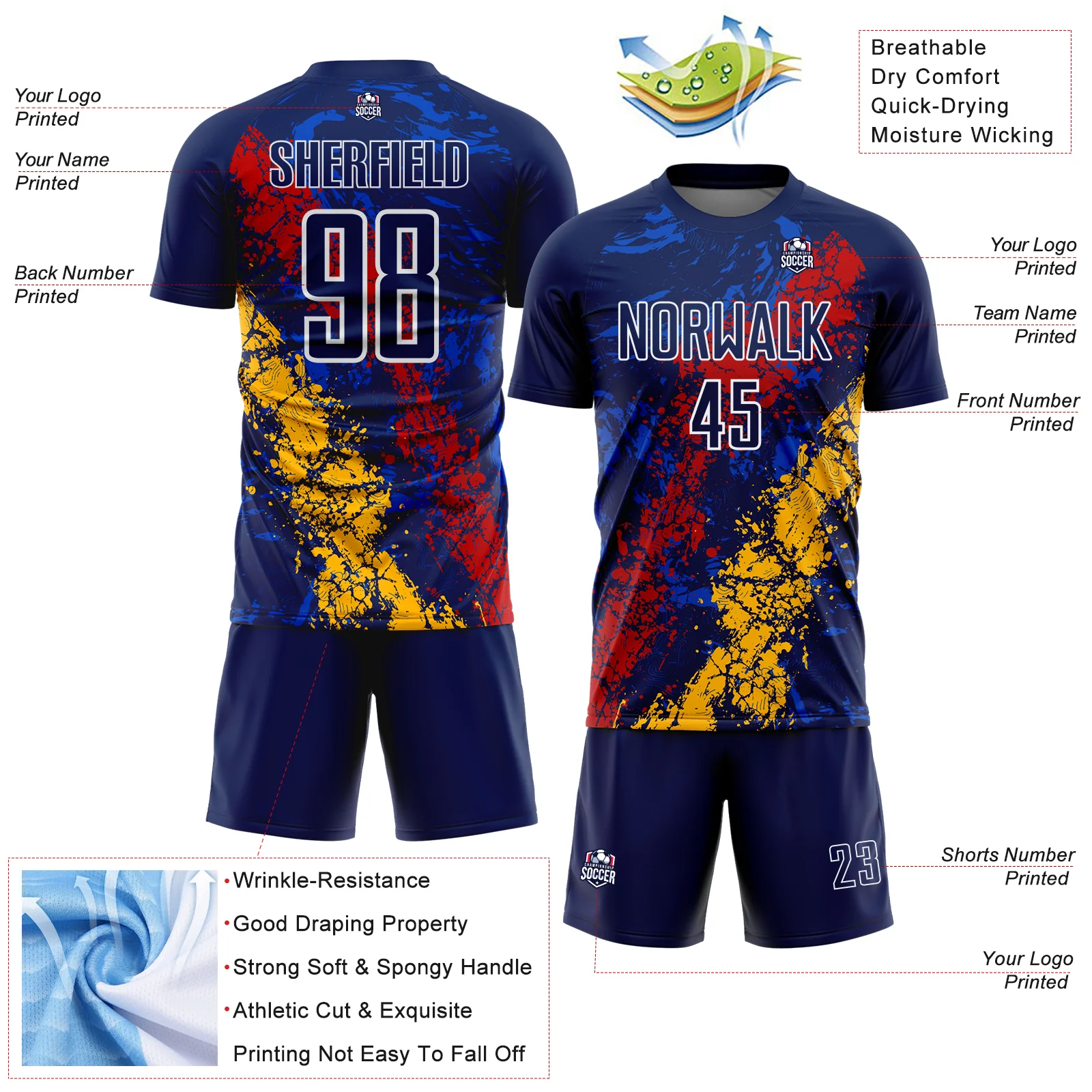Custom Navy White Red-Gold Dripping Splatter Cracked Texture Sublimation Soccer Uniform Jersey - Image 4