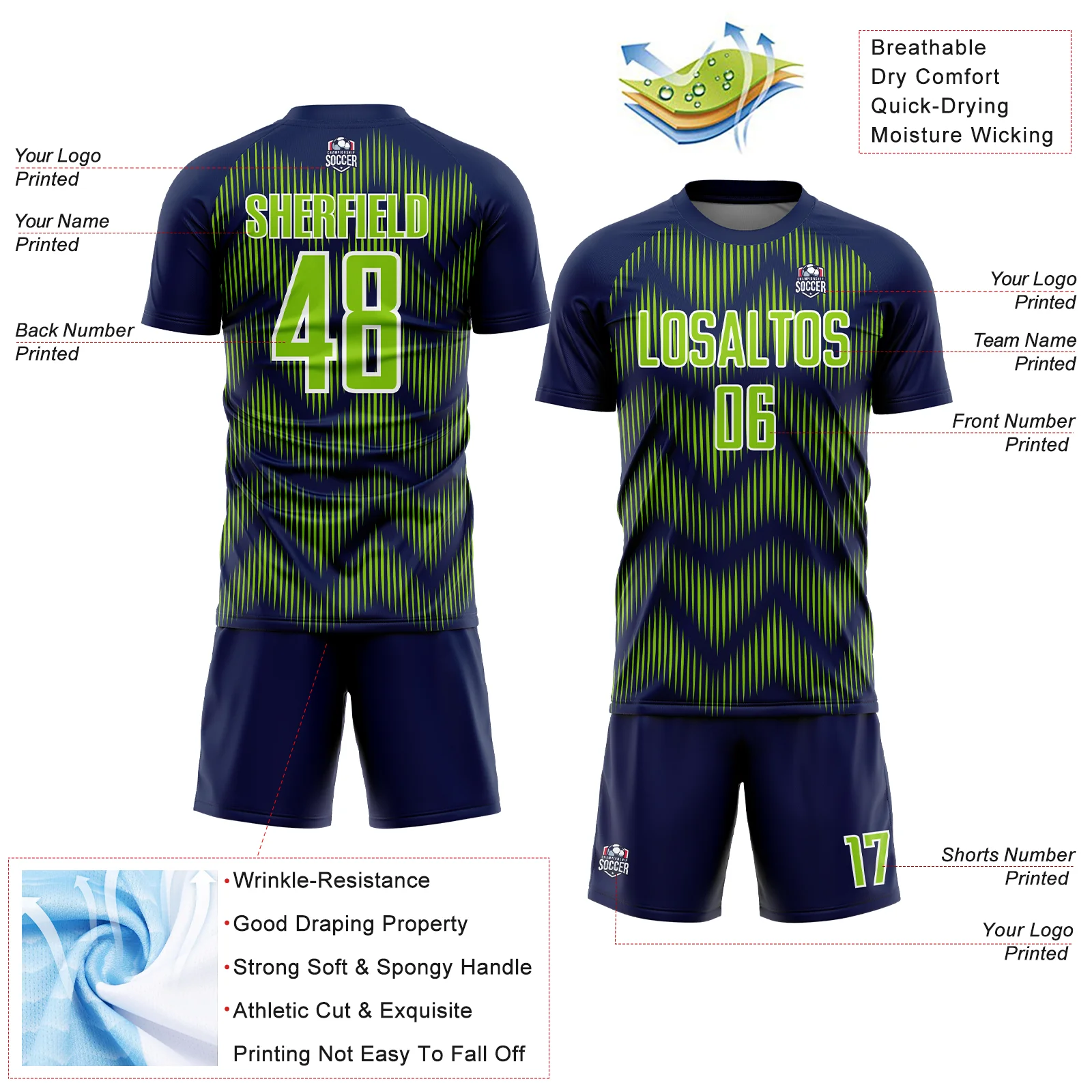 Custom Navy Neon Green-White Line Sublimation Soccer Uniform Jersey - Image 4