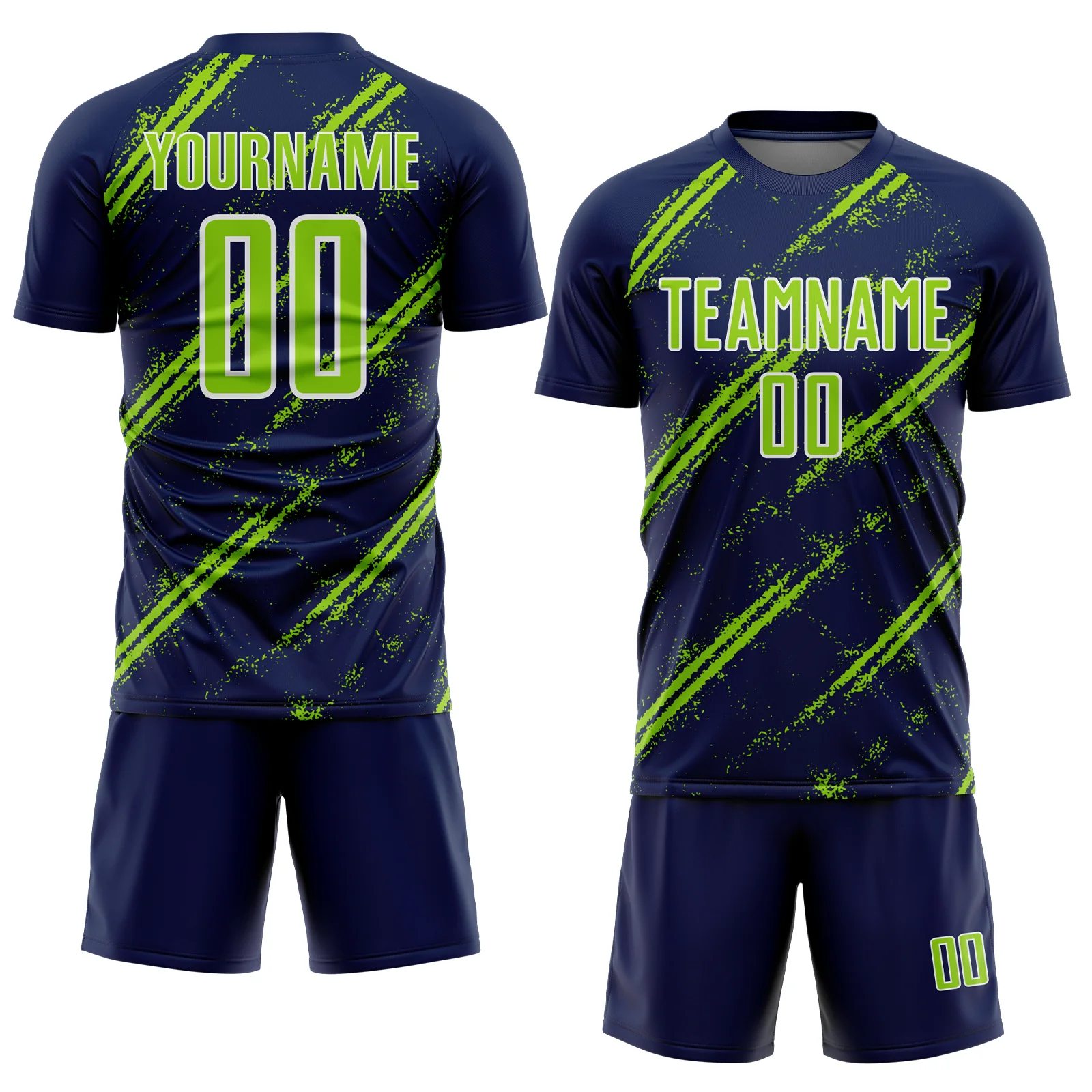Custom Navy Neon Green-White Abstract Fragment Art Splash Sublimation Soccer Uniform Jersey - Image 2