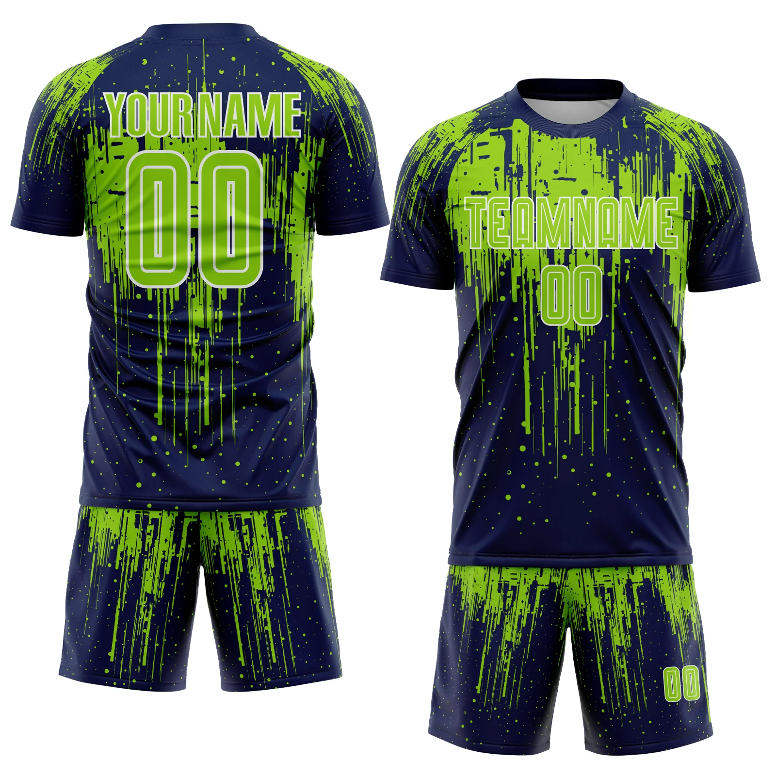 Custom Navy Neon Green-White Dripping Splatte Pattern Sports Sublimation Soccer Uniform Jersey - Image 2