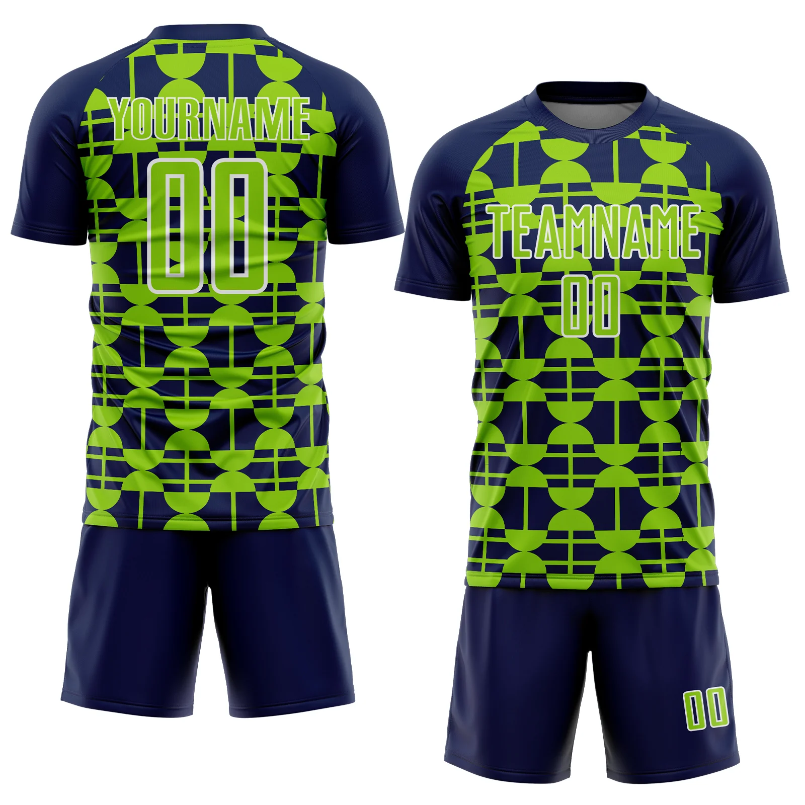 Custom Navy Neon Green-White Geometric Shapes Sports Sublimation Soccer Uniform Jersey - Image 2