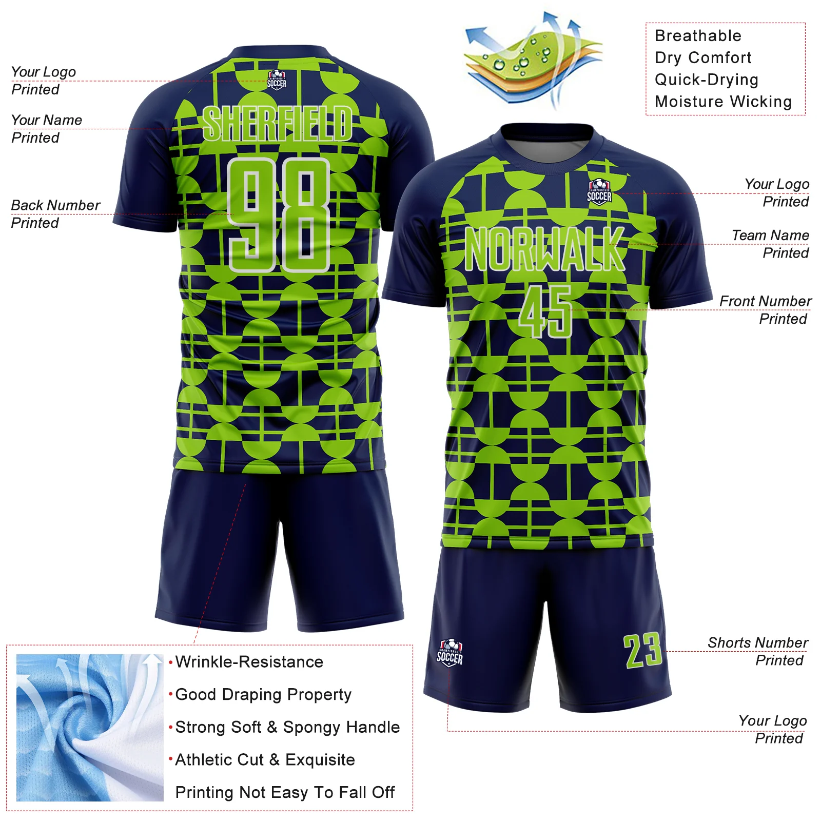 Custom Navy Neon Green-White Geometric Shapes Sports Sublimation Soccer Uniform Jersey - Image 4