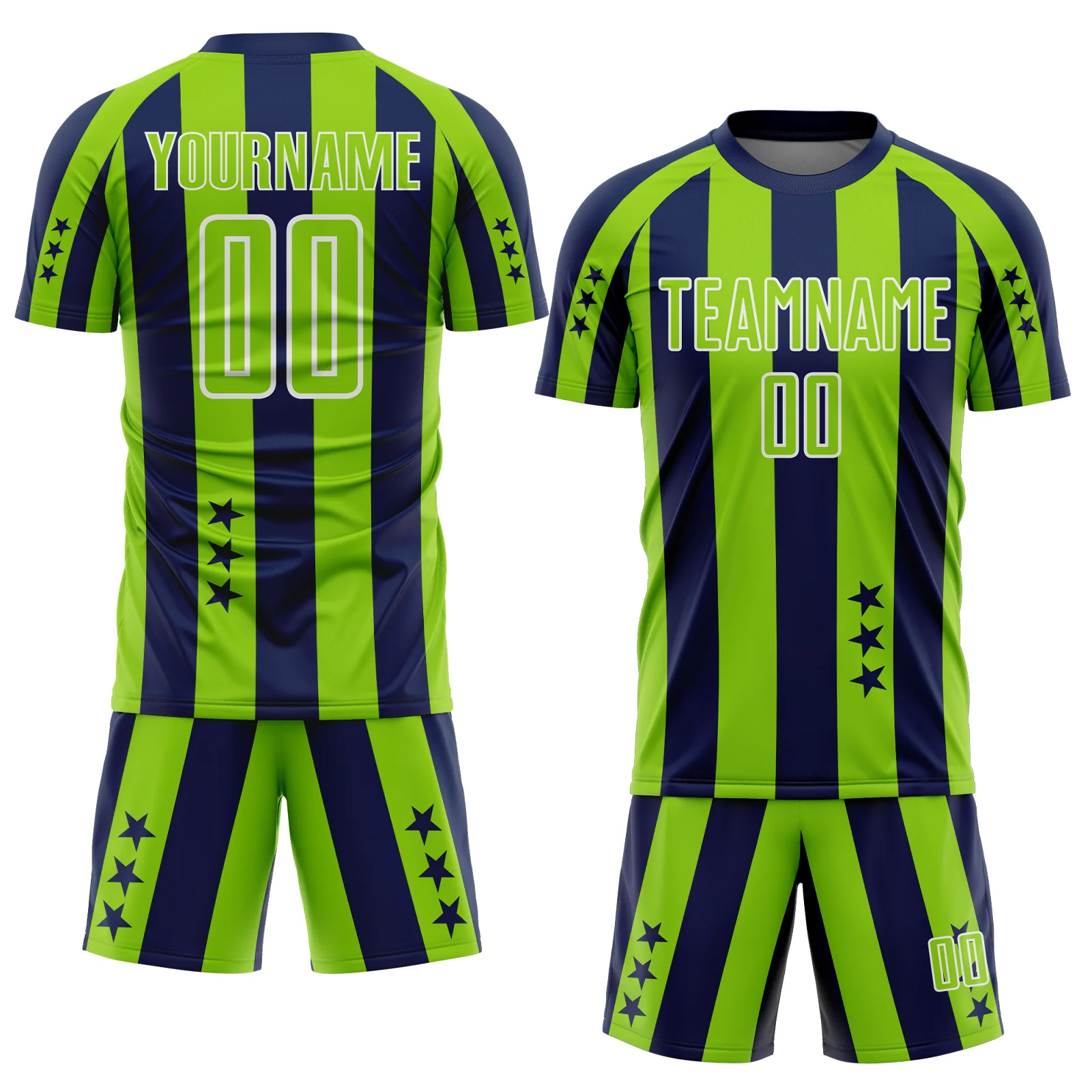 Custom Navy Neon Green-White Stars And Stripes Sports Sublimation Soccer Uniform Jersey - Image 2